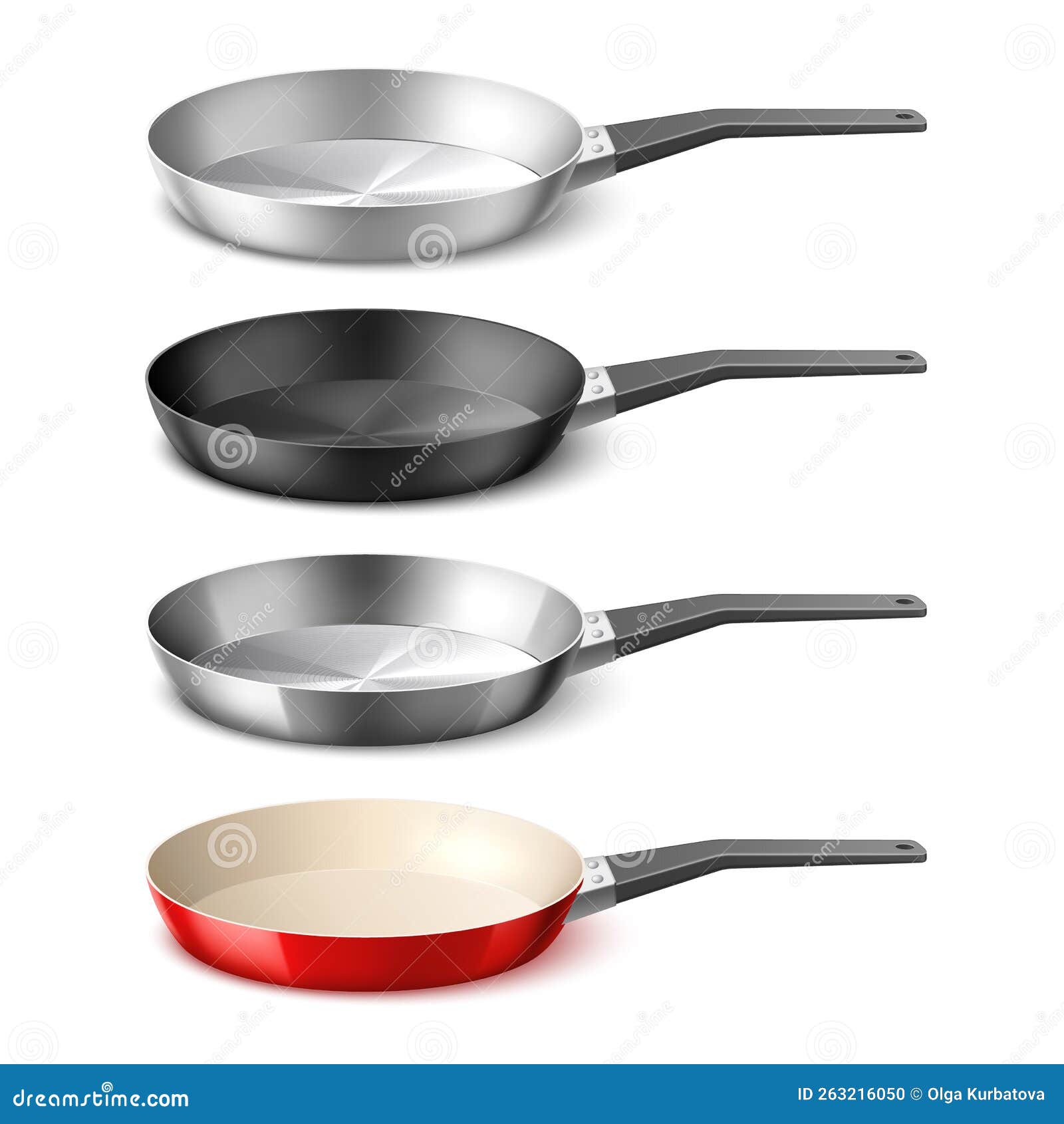 realistic frying pans. 3d dishes with different coatings, metallic cookware, aluminum, teflon, cast iron and steel