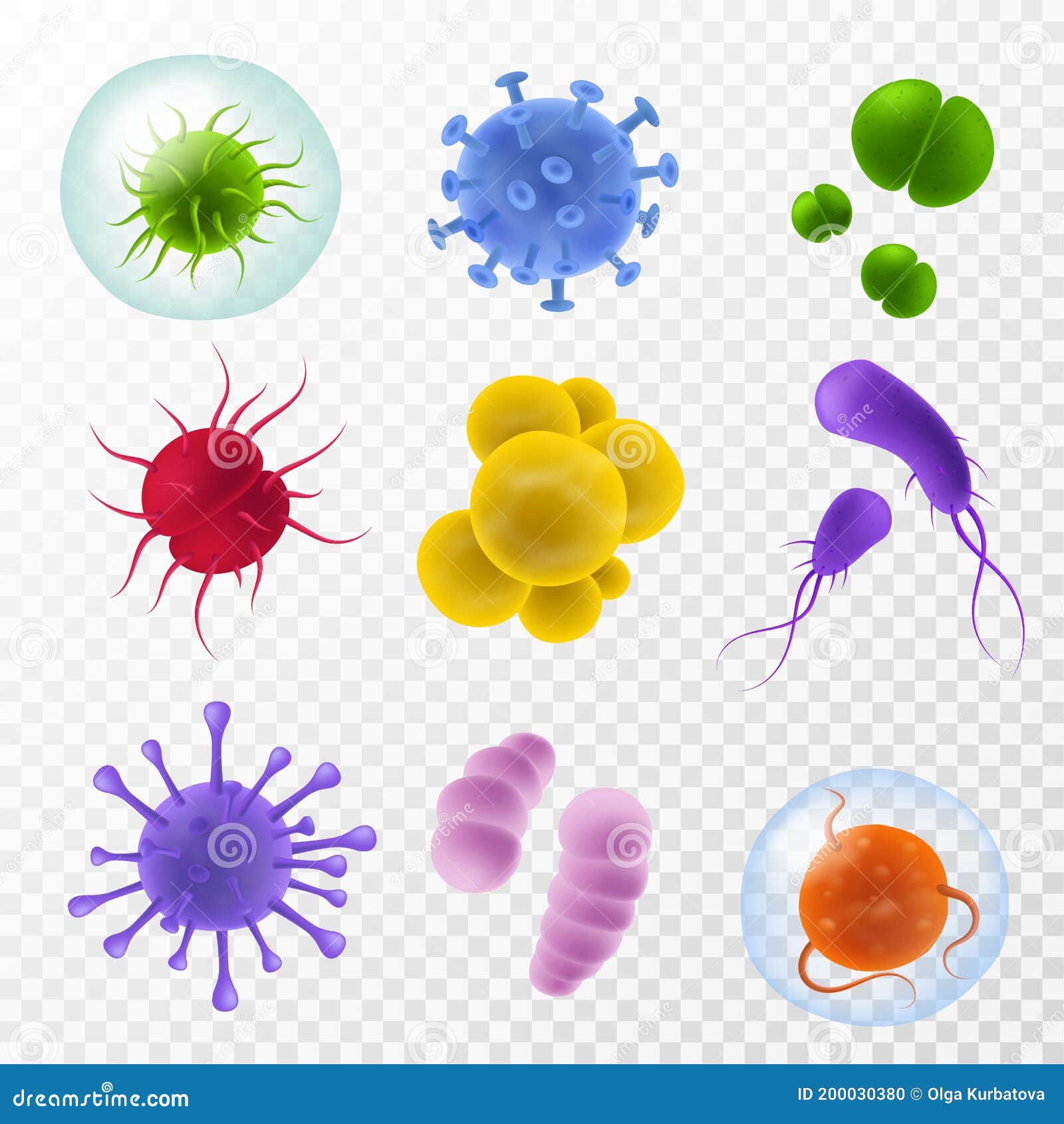 realistic germs. microscopic bacillus and infection cells, colorful bacteria and microorganism icon, covid flu viruses