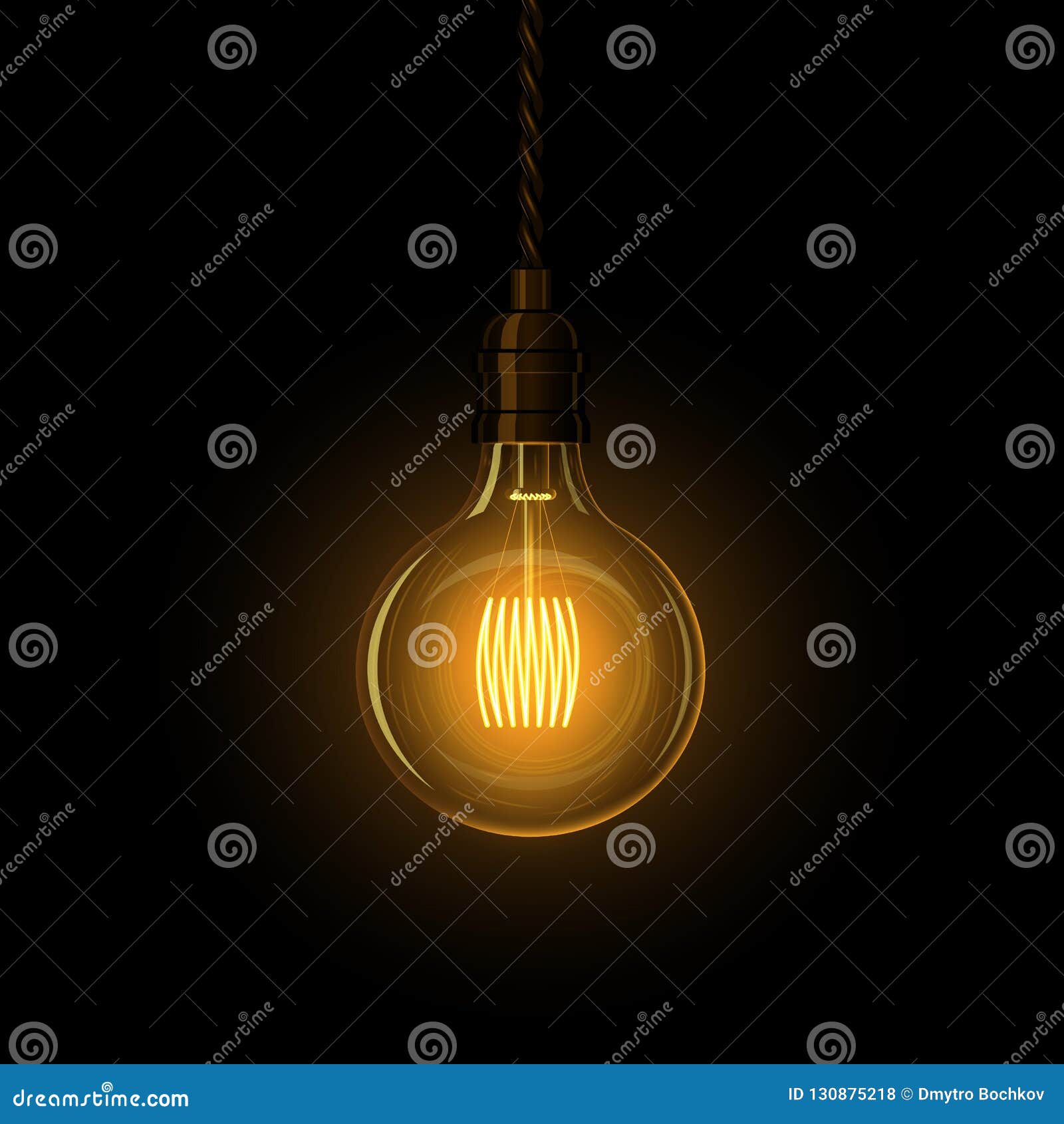 Realistic Glowing Lamp Hanging on the Wire. Incandescent Lamp Stock