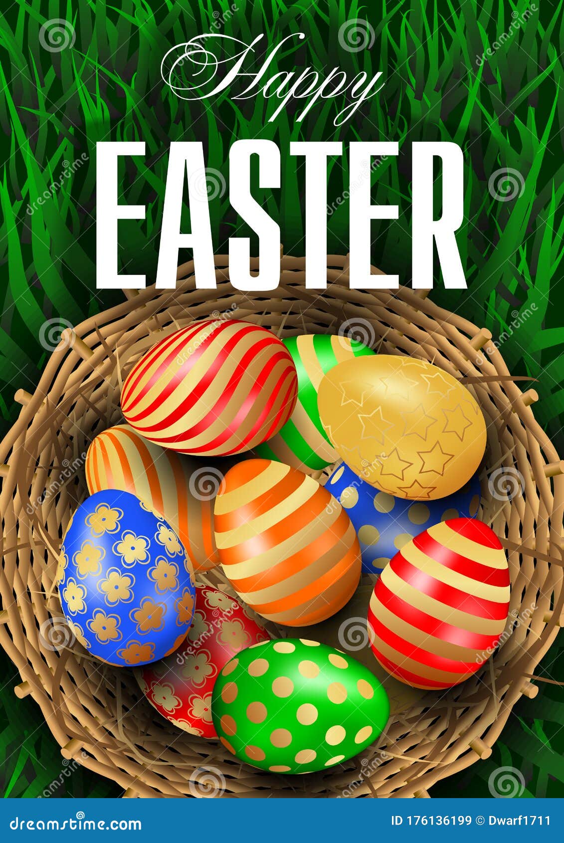 Realistic Happy Easter greeting card, flyer, poster or banner vector template with multicolored 3D eggs in round wicker basket with hay on green grass background