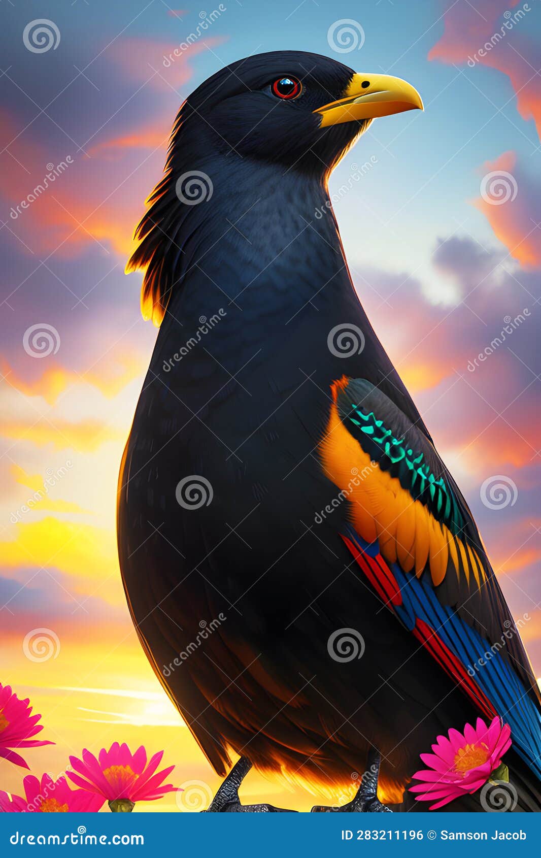 realistic highland colorful bird looking backwards generative ai