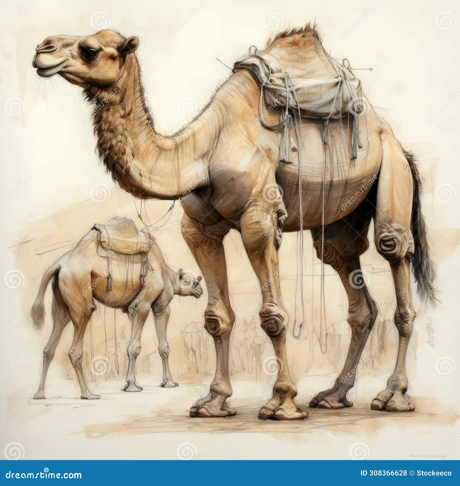 realistic and hyper-detailed drawing of two camels