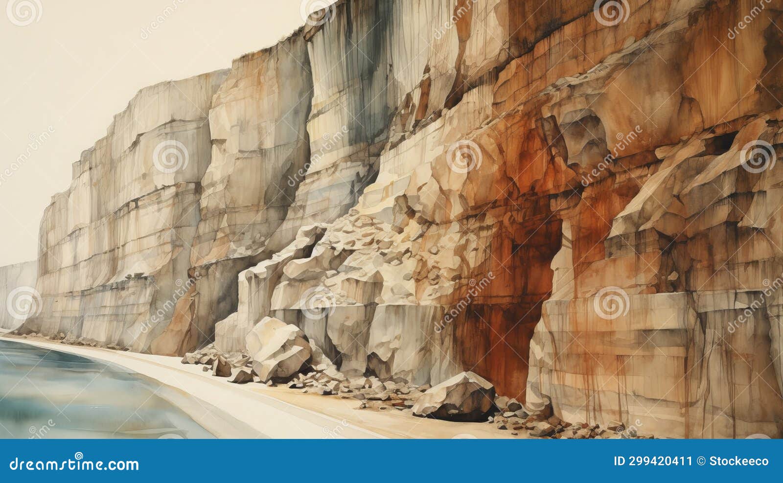 coastal cliffs: a hyperrealistic watercolor painting inspired by michael heizer