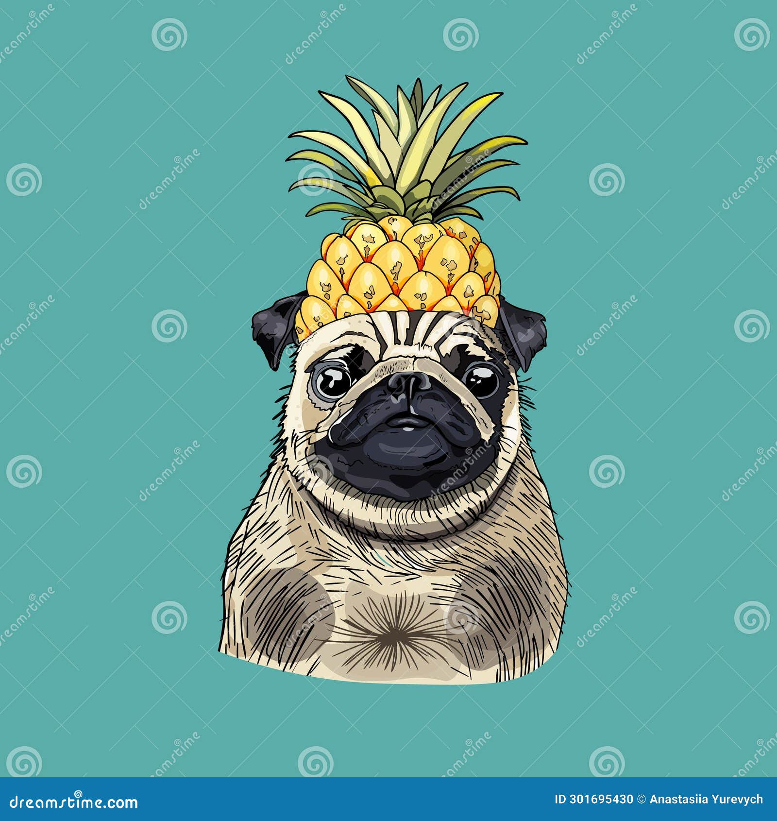 Realistic Illustration of a Funny Pug with a Pineapple on His Head