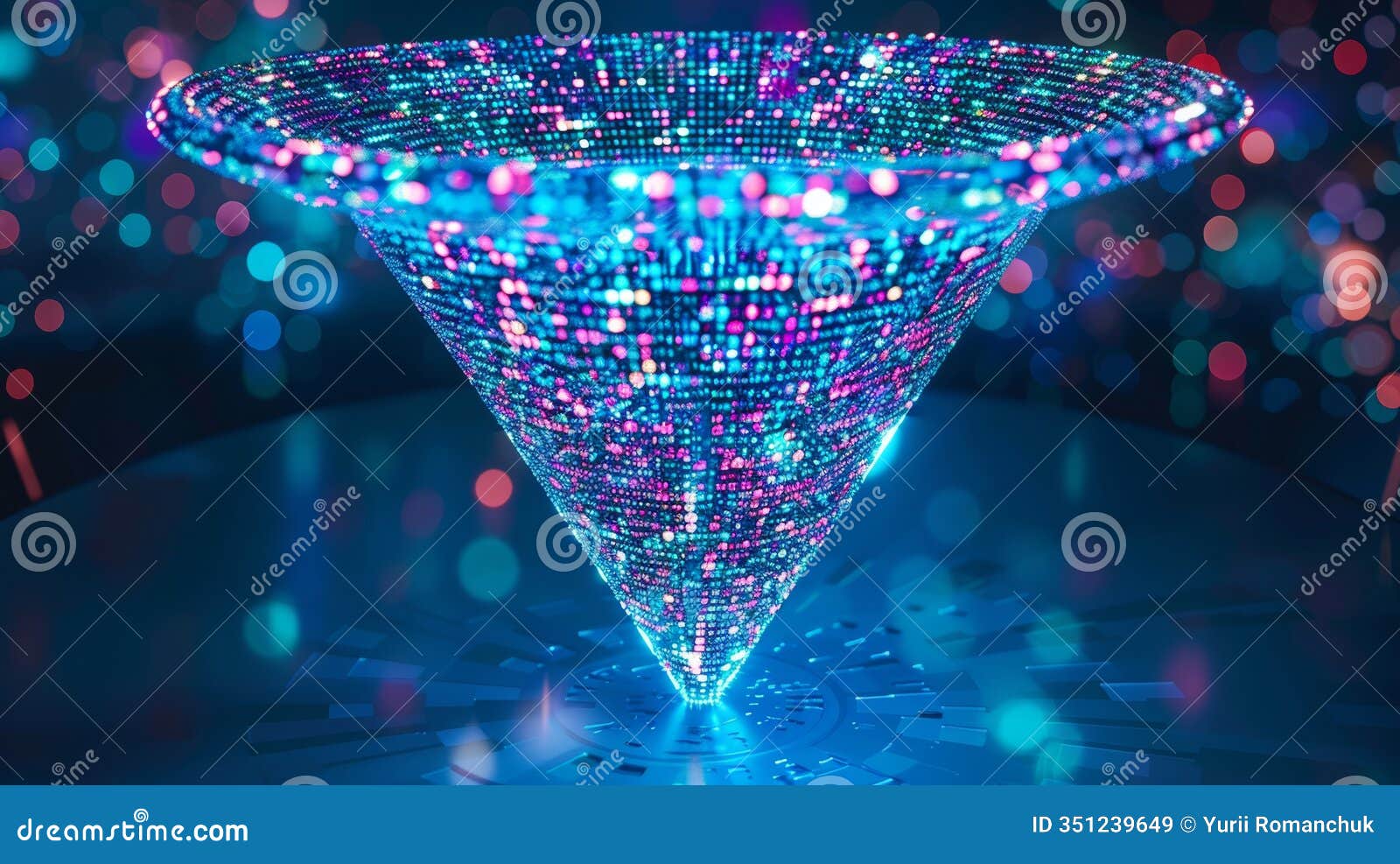 realistic image of a digital funnel overflowing with big data and actionable insights technology