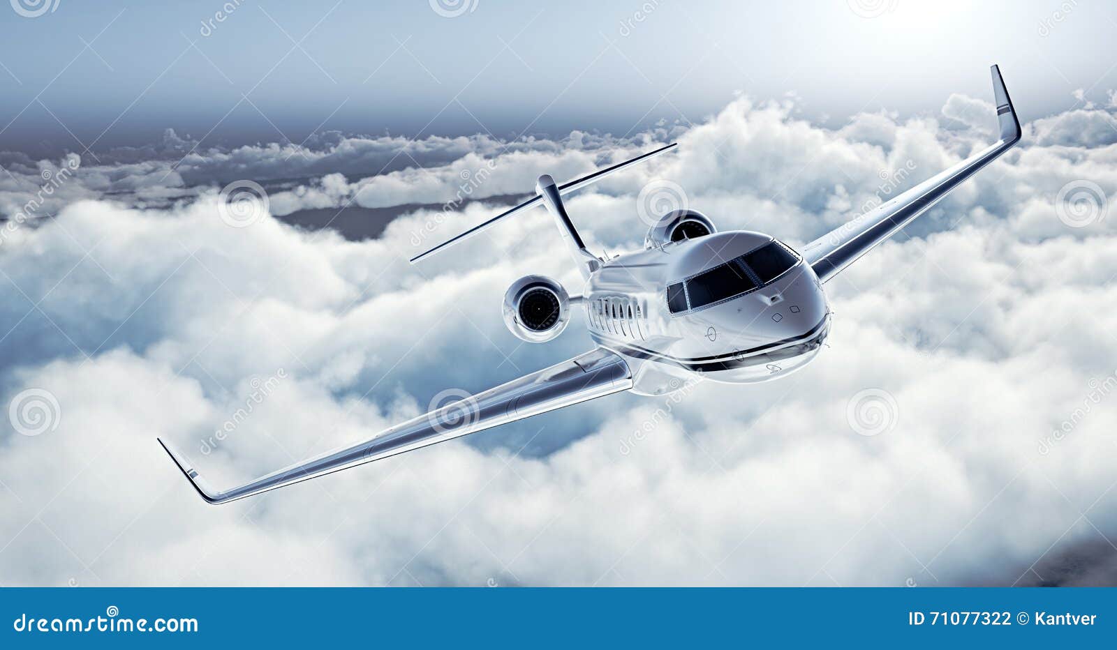 realistic image of white luxury generic  private jet flying over the earth. empty blue sky with white clouds at