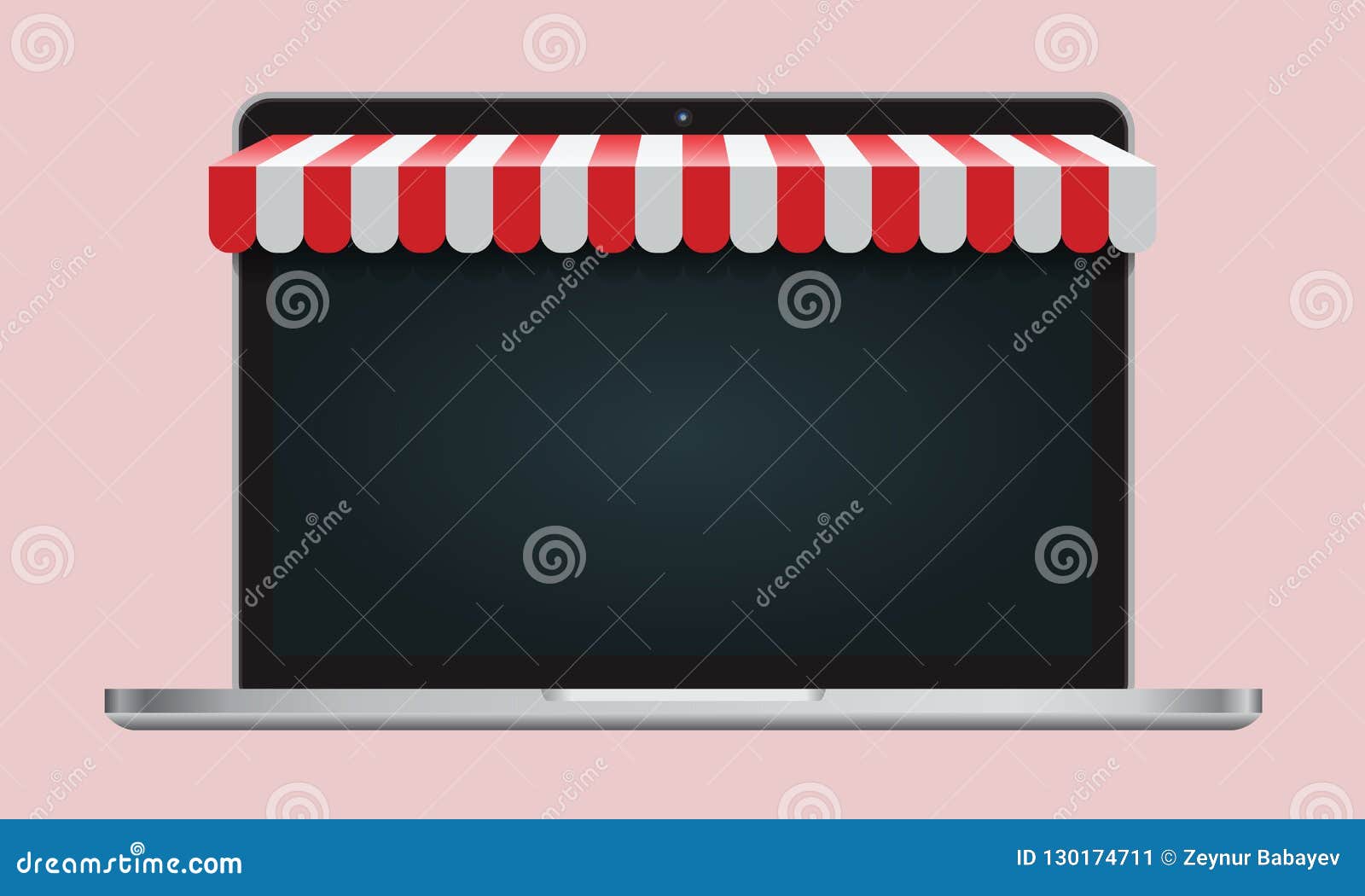 Download Realistic Laptop Mockup With Striped Awning And Empty Screen. Online Shopping Concept. Vector ...