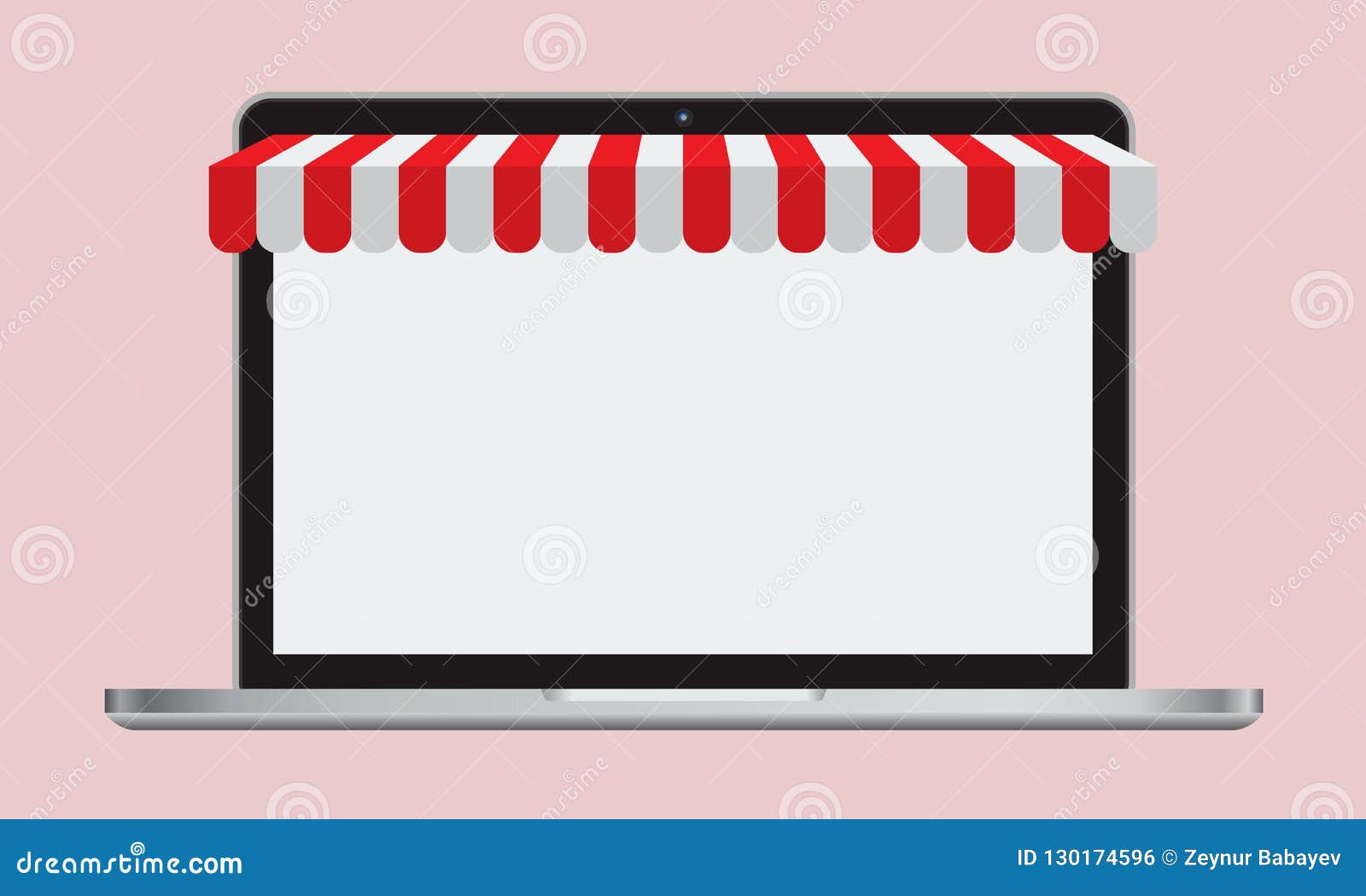 Download Realistic Laptop Mockup With Striped Awning And Empty Screen. Online Shopping Concept. Vector ...