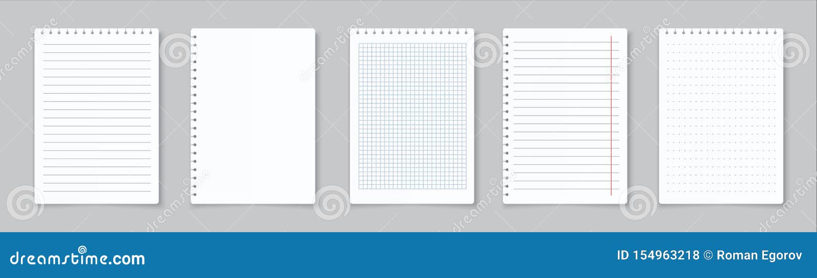 realistic lined notepapers. blank gridded notebook papers for homework and exercises.  paper sheets with lines and