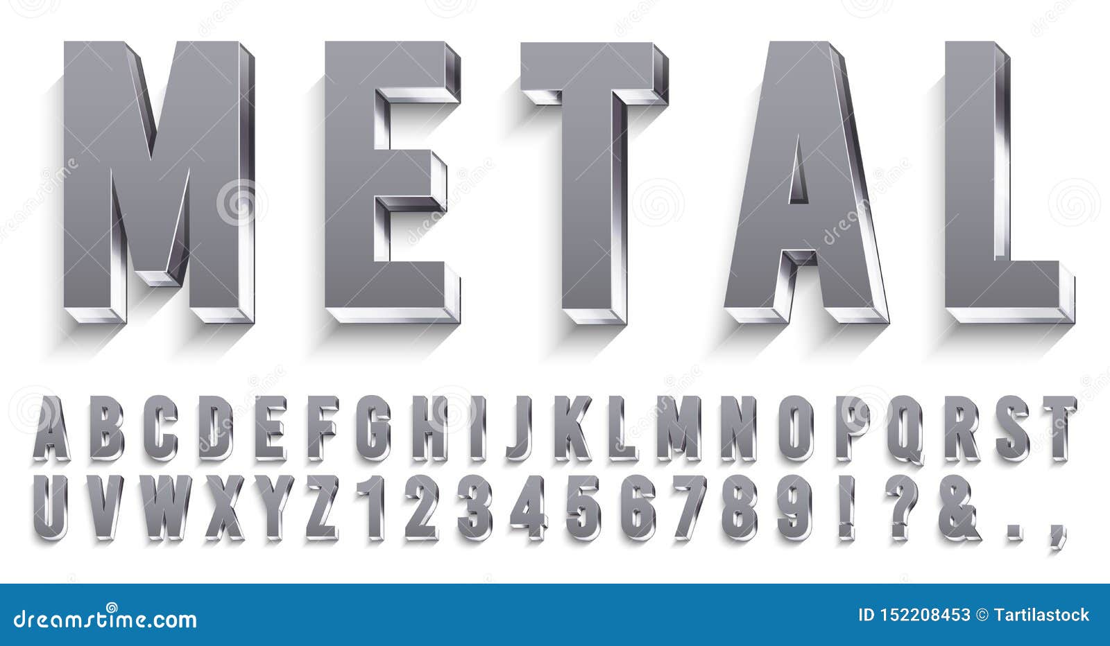realistic metal font. shiny metallic letters with shadows, chrome text and metals alphabet 3d  set