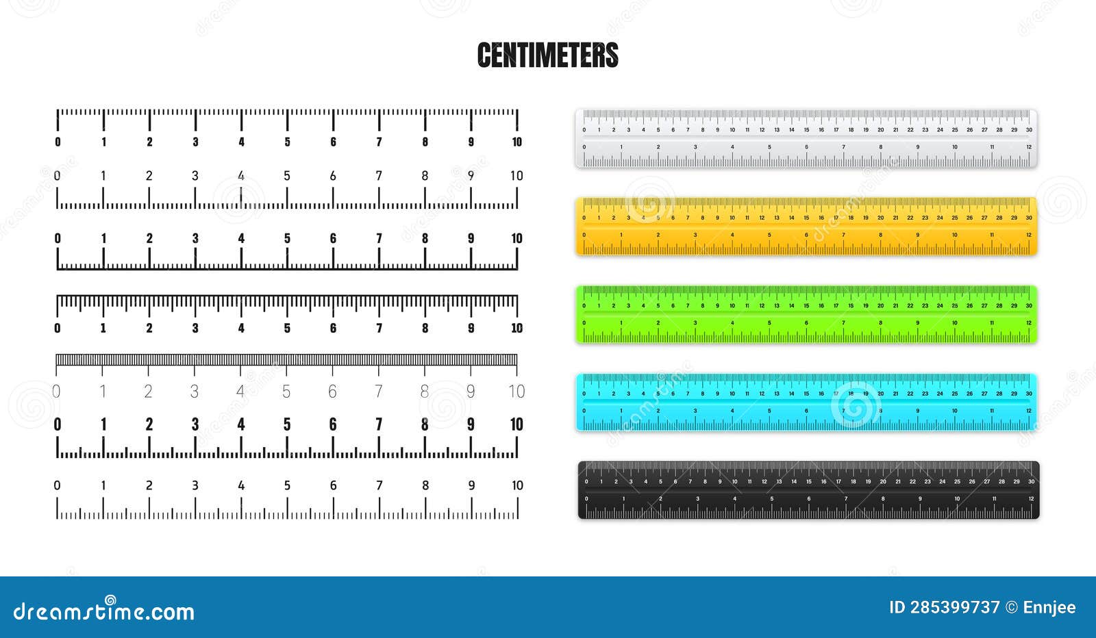 Realistic various shiny metal rulers with measurement scale and