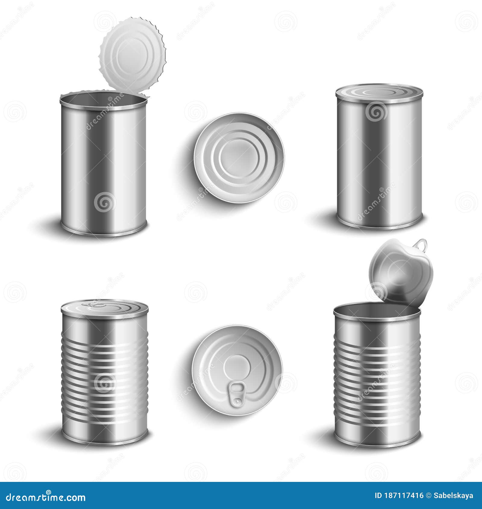 Realistic Metal Tin Can Set from Side and Top View Open and Closed Stock Vector - Illustration blank, sealed: 187117416