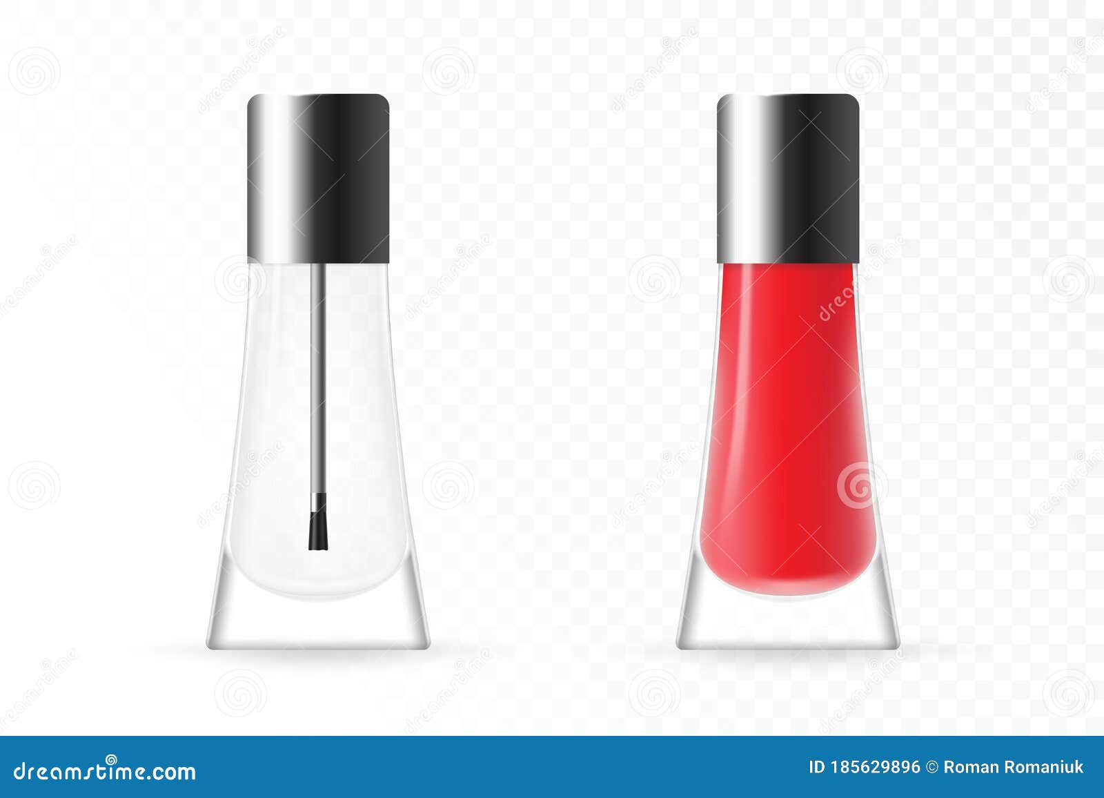 Realistic Nail Polish Bottle with Black Cap. Full and Empty Glossy