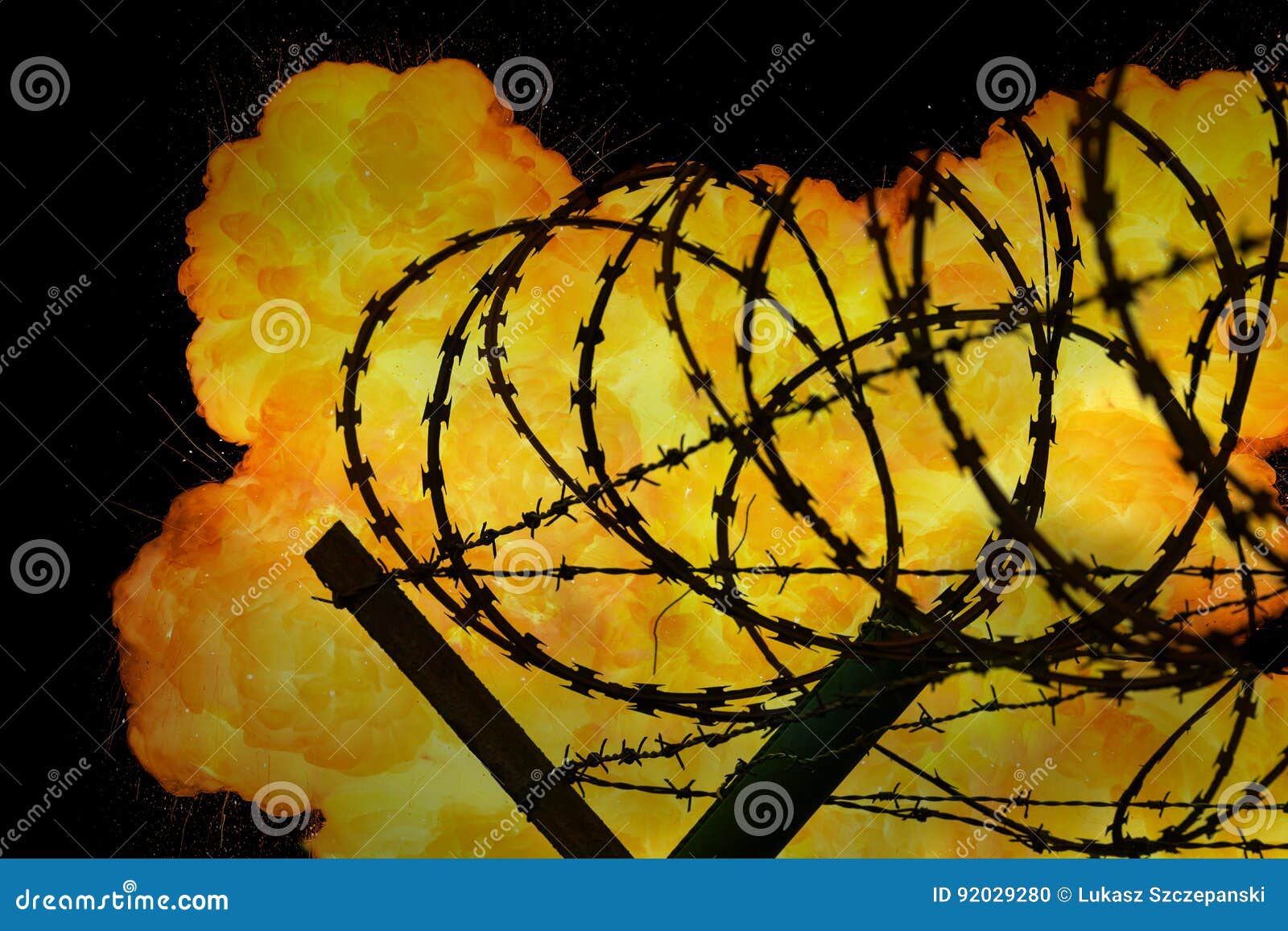 Realistic Orange Fire Explosion Behind Restricted Area Barbed Wire