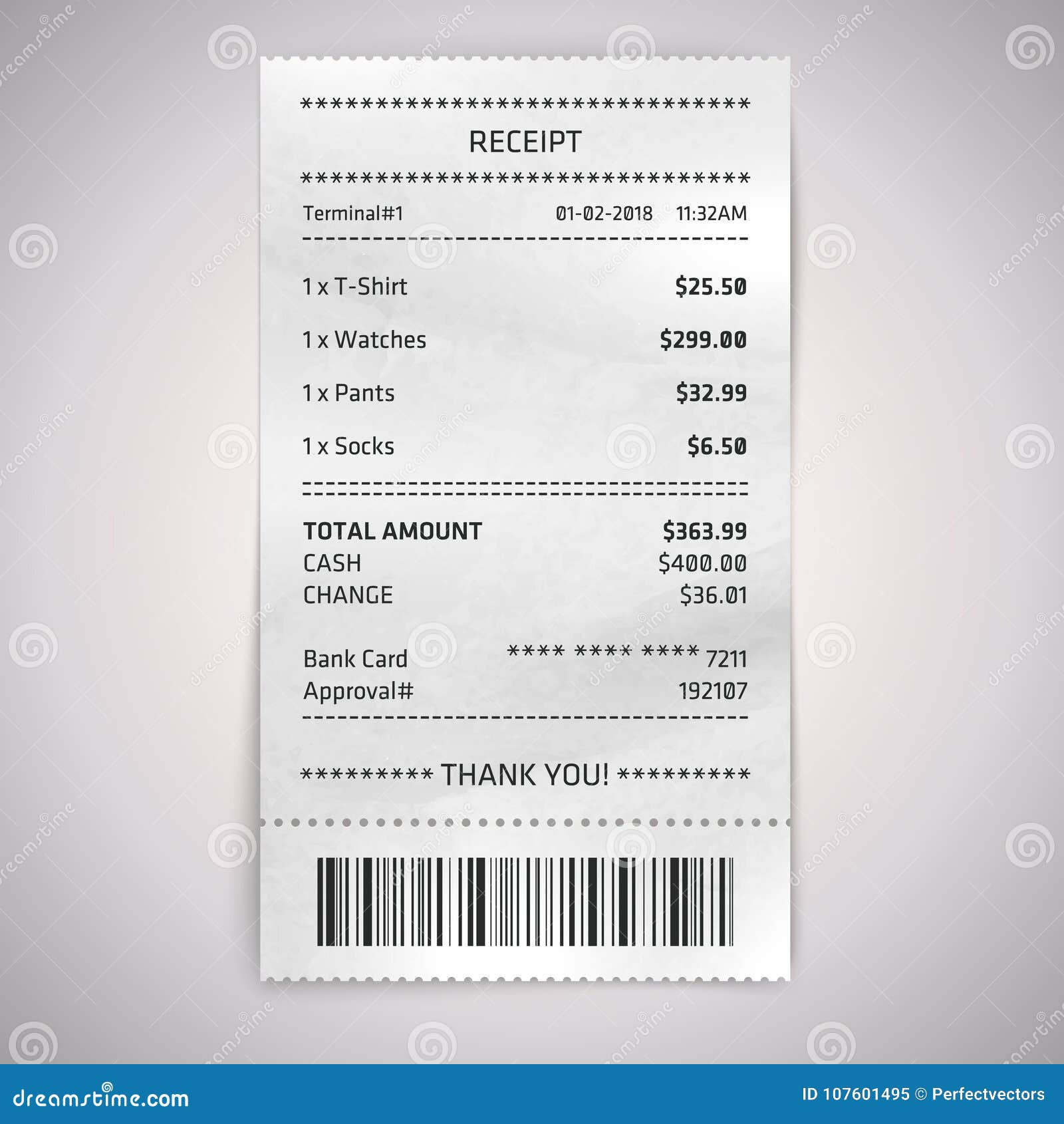 Realistic Paper Shop Receipt with Barcode Stock Vector - Illustration ...