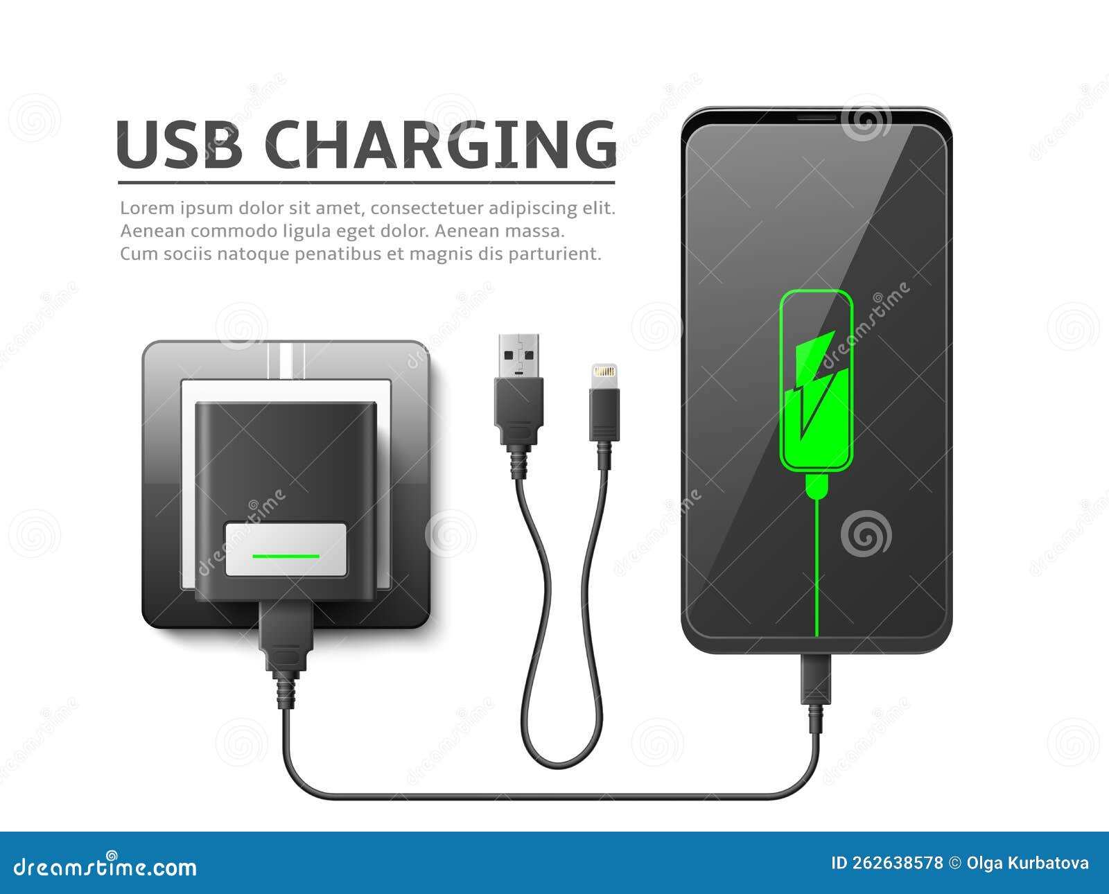 Realistic Phone Charge Process. Smartphone Recharging, Flexible Cable
