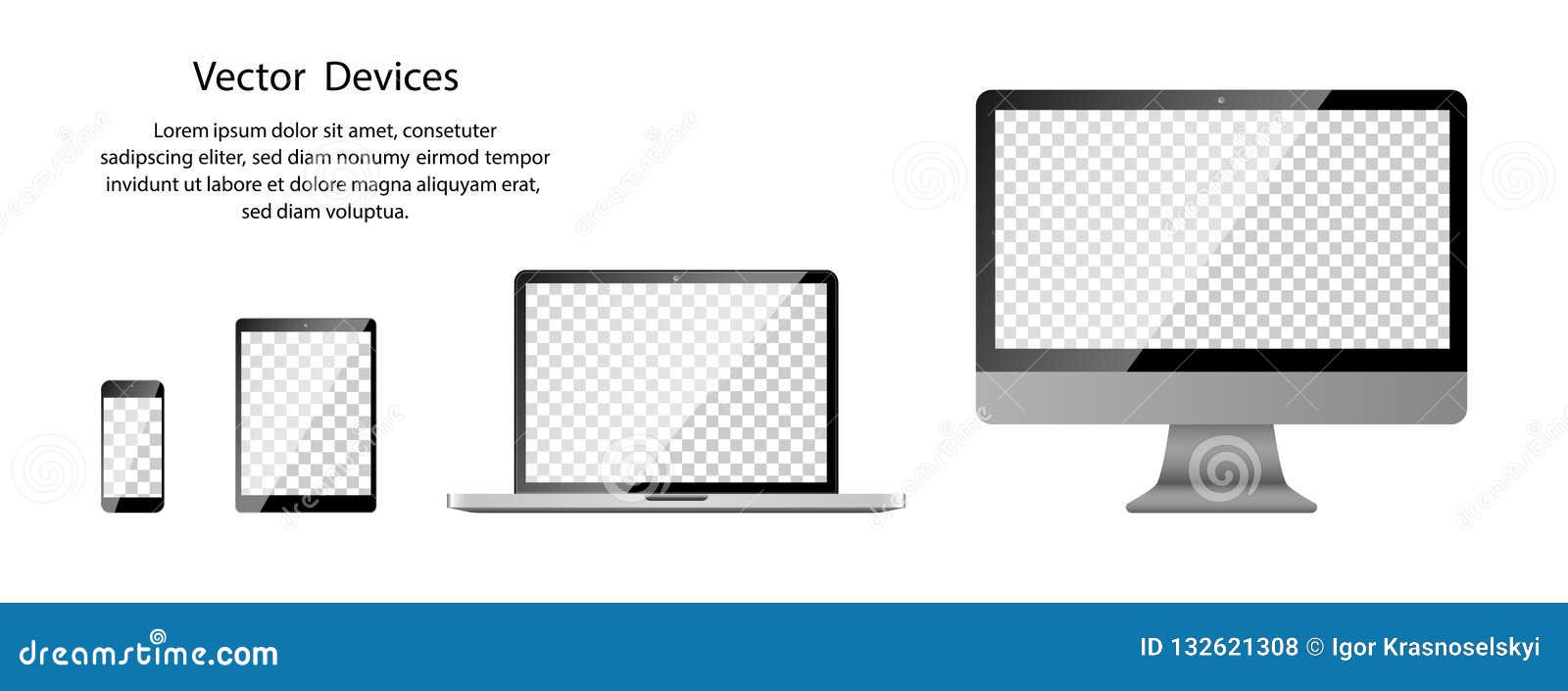 realistic phone, tablet, laptop and computer monitor with transparent screen on blank background