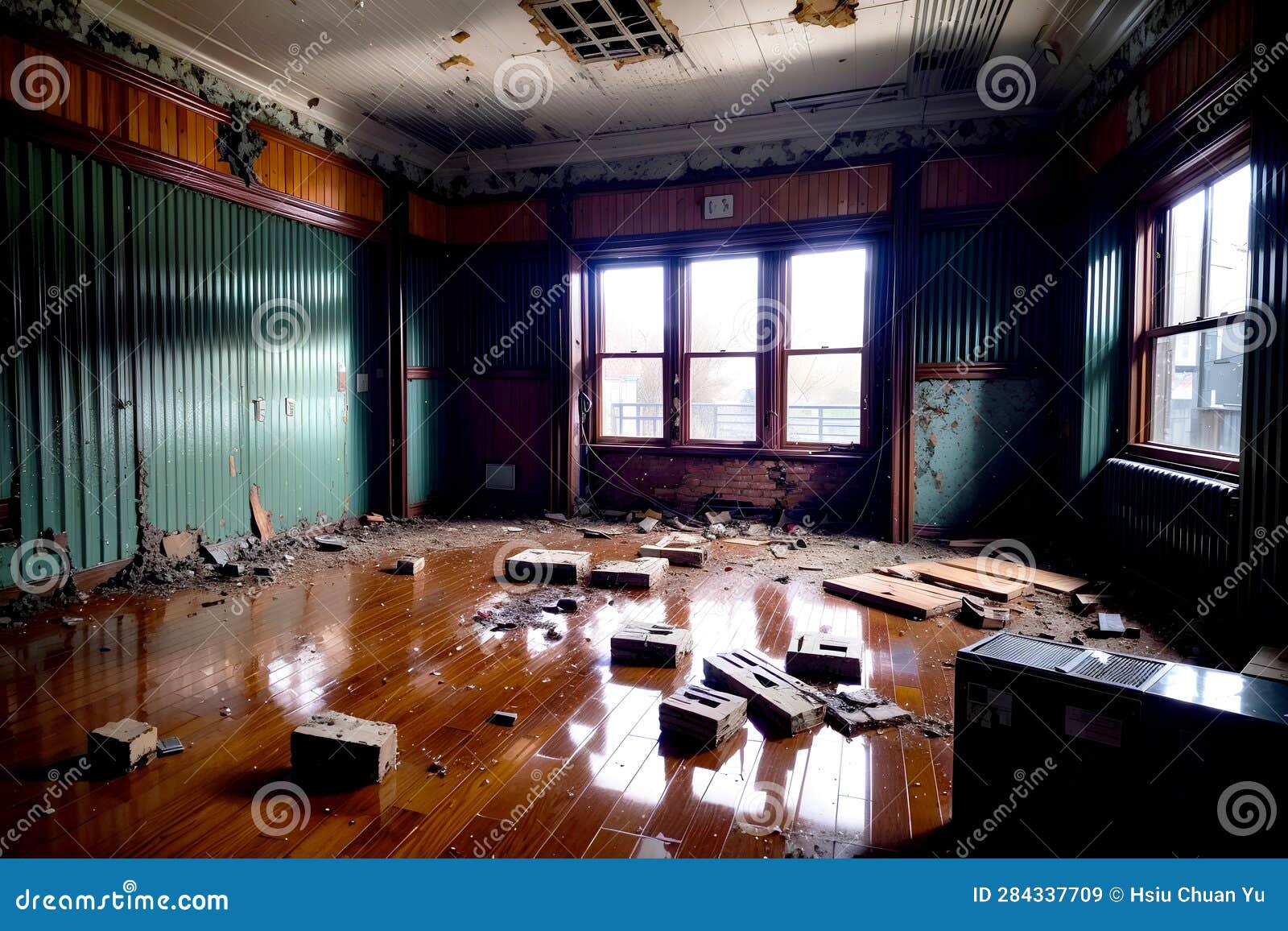 Realistic Photo of Destructed Broken Room Interior Stock Illustration