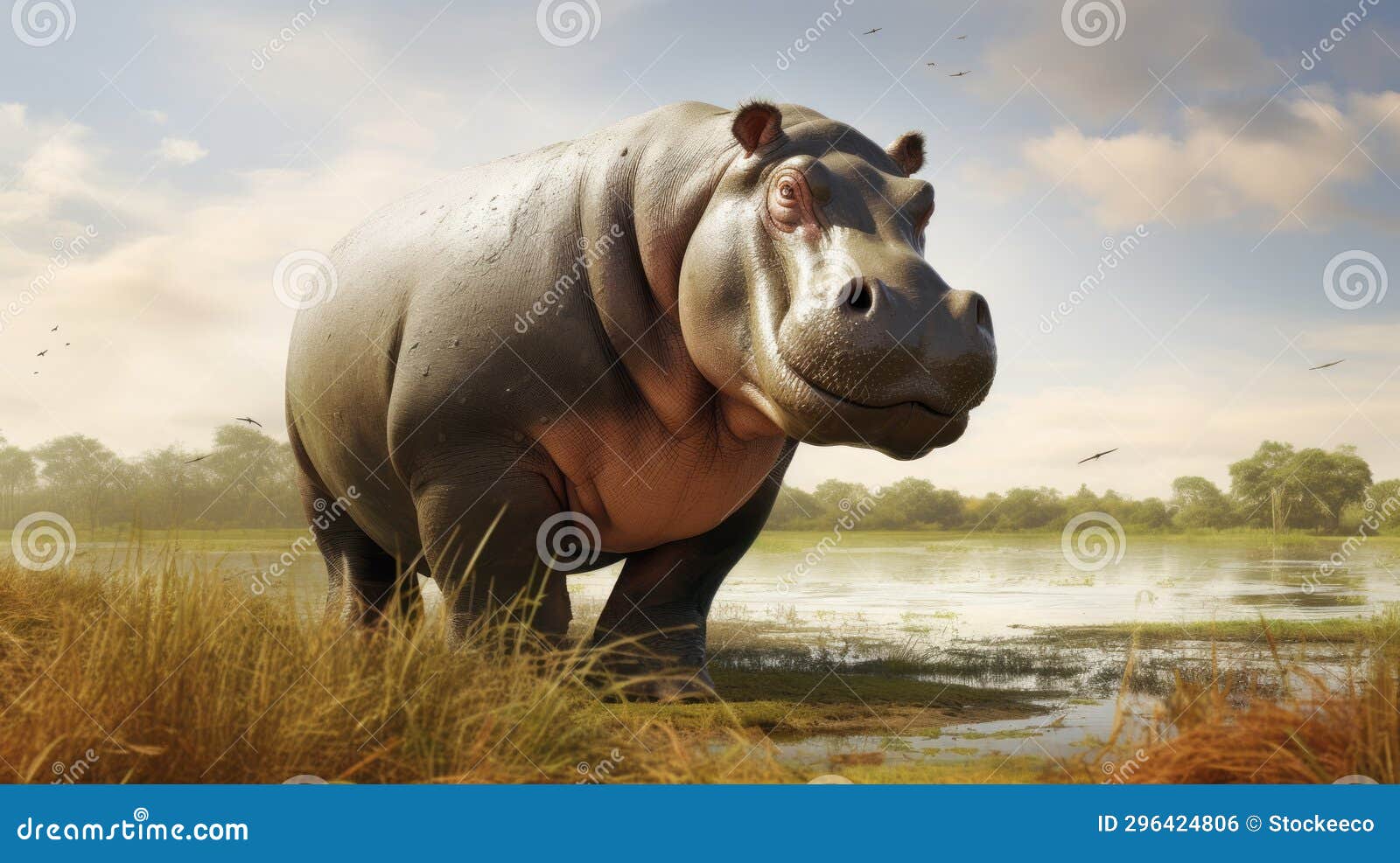 realistic rendering of a powerful hippopotamus grazing in a grassy field