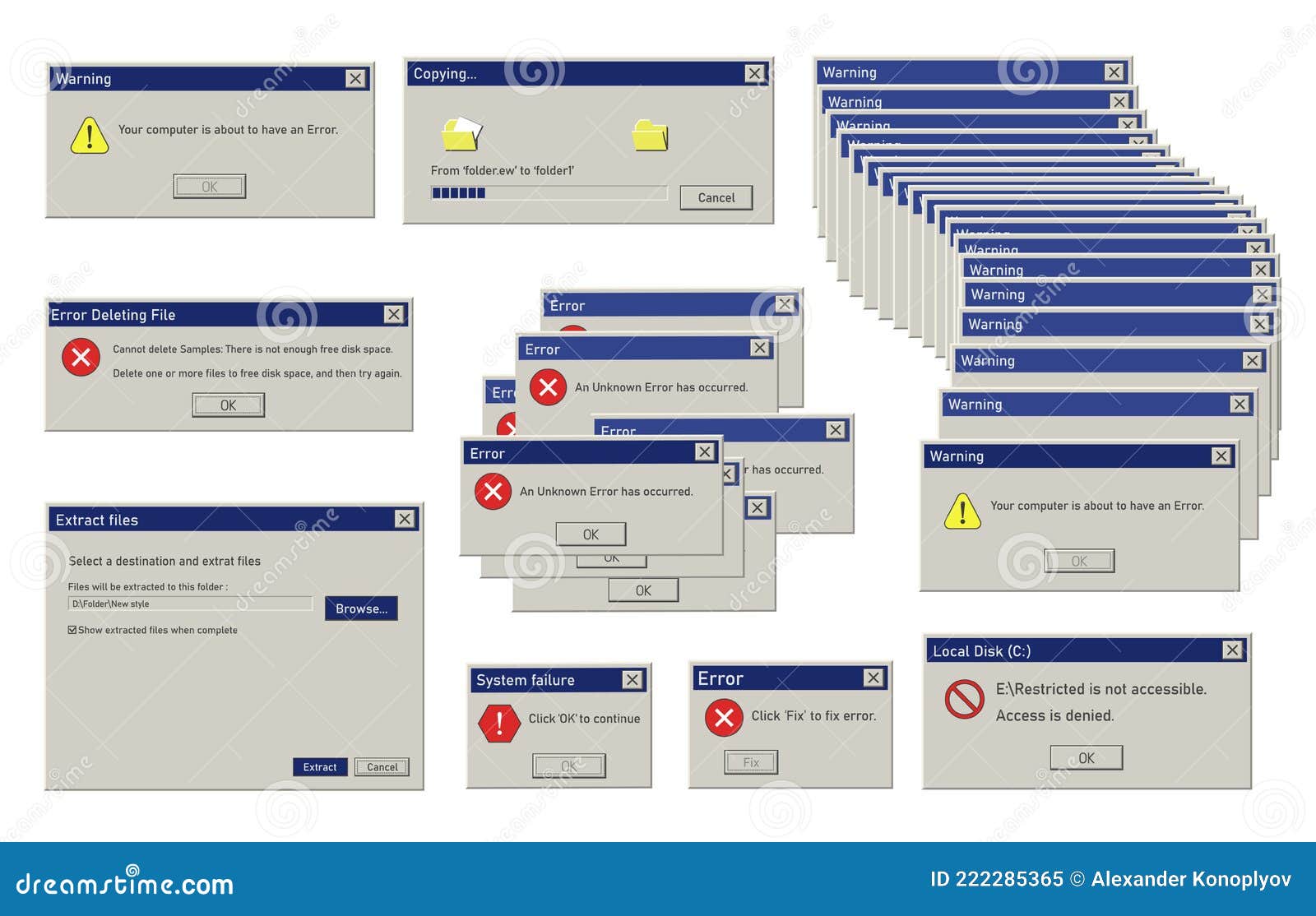 realistic retro operating system errors  flat  error message at old user interface