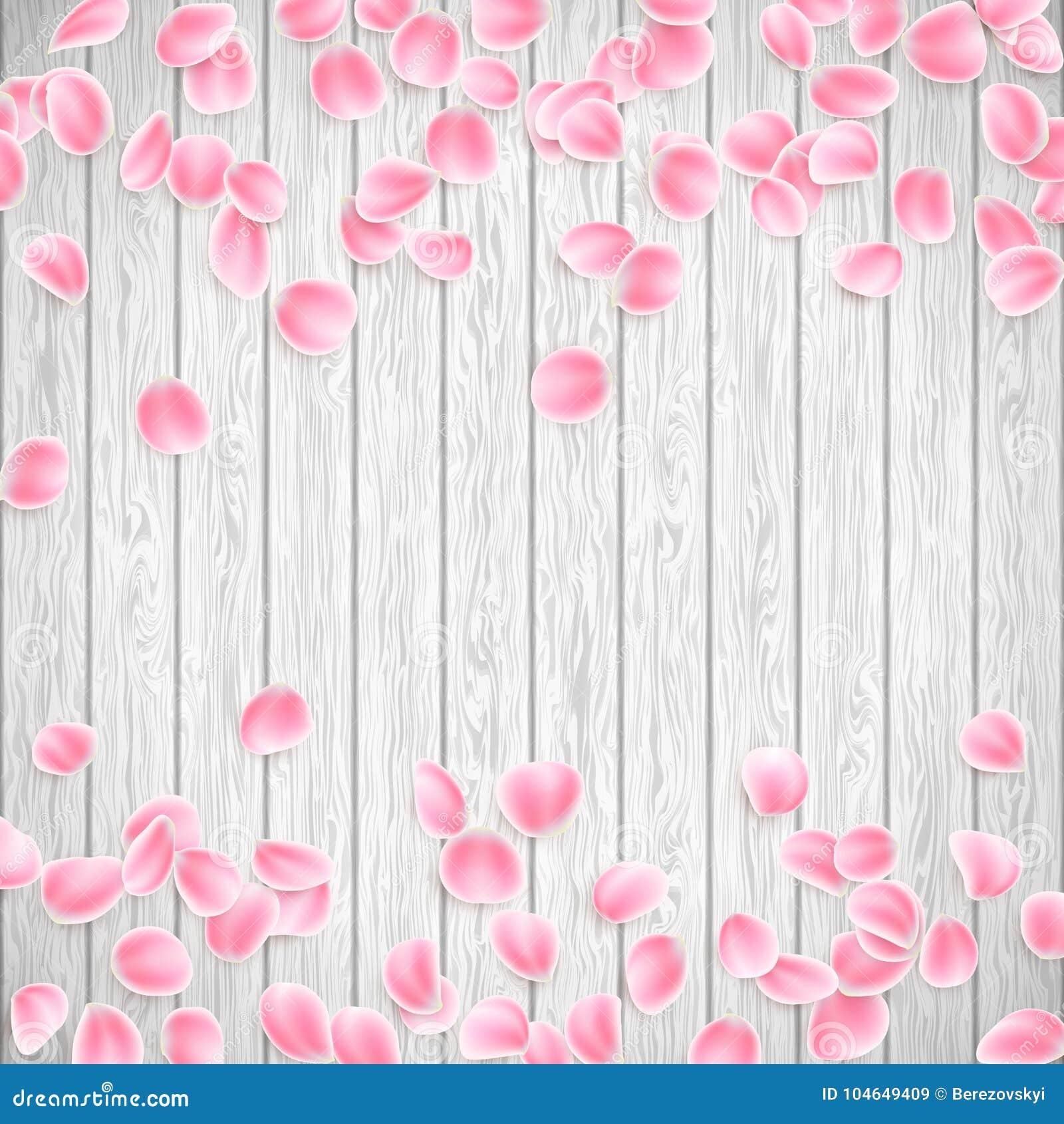 Realistic Sakura Petals On A White Wooden Background. EPS 10 Vector