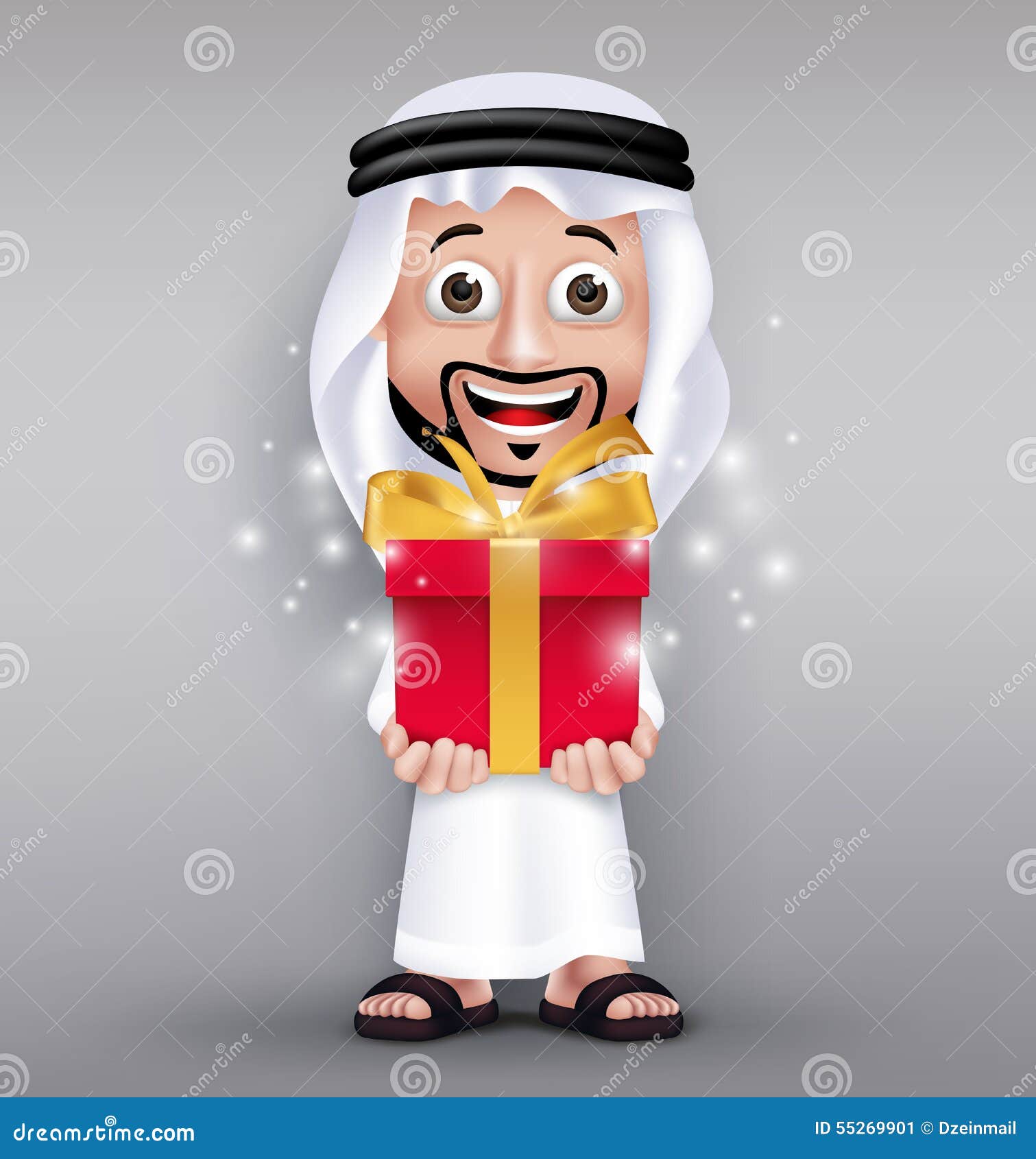 realistic saudi arab man wearing thobe giving red gift