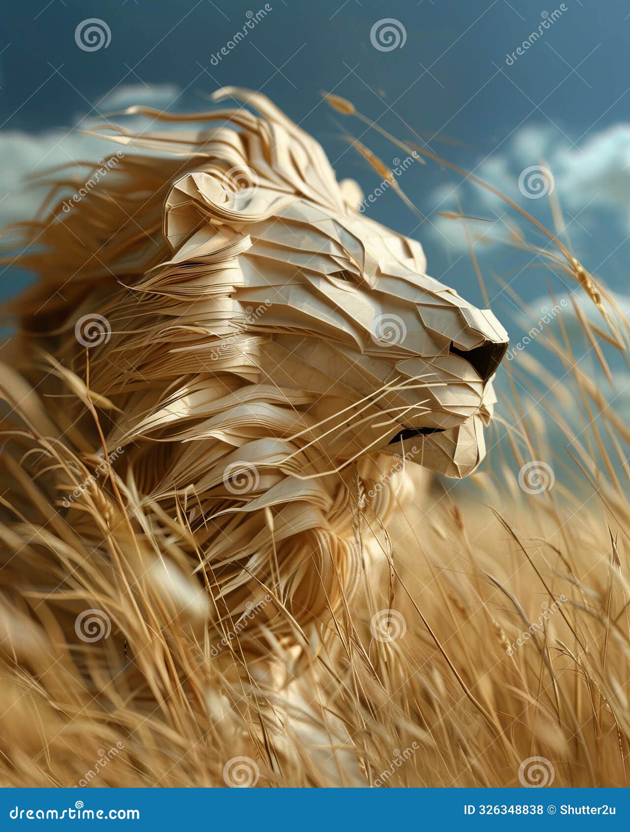in the realistic savannah a paper lion crouches in tall grass its folded mane rustling in the wind as it eyes a distant herd of