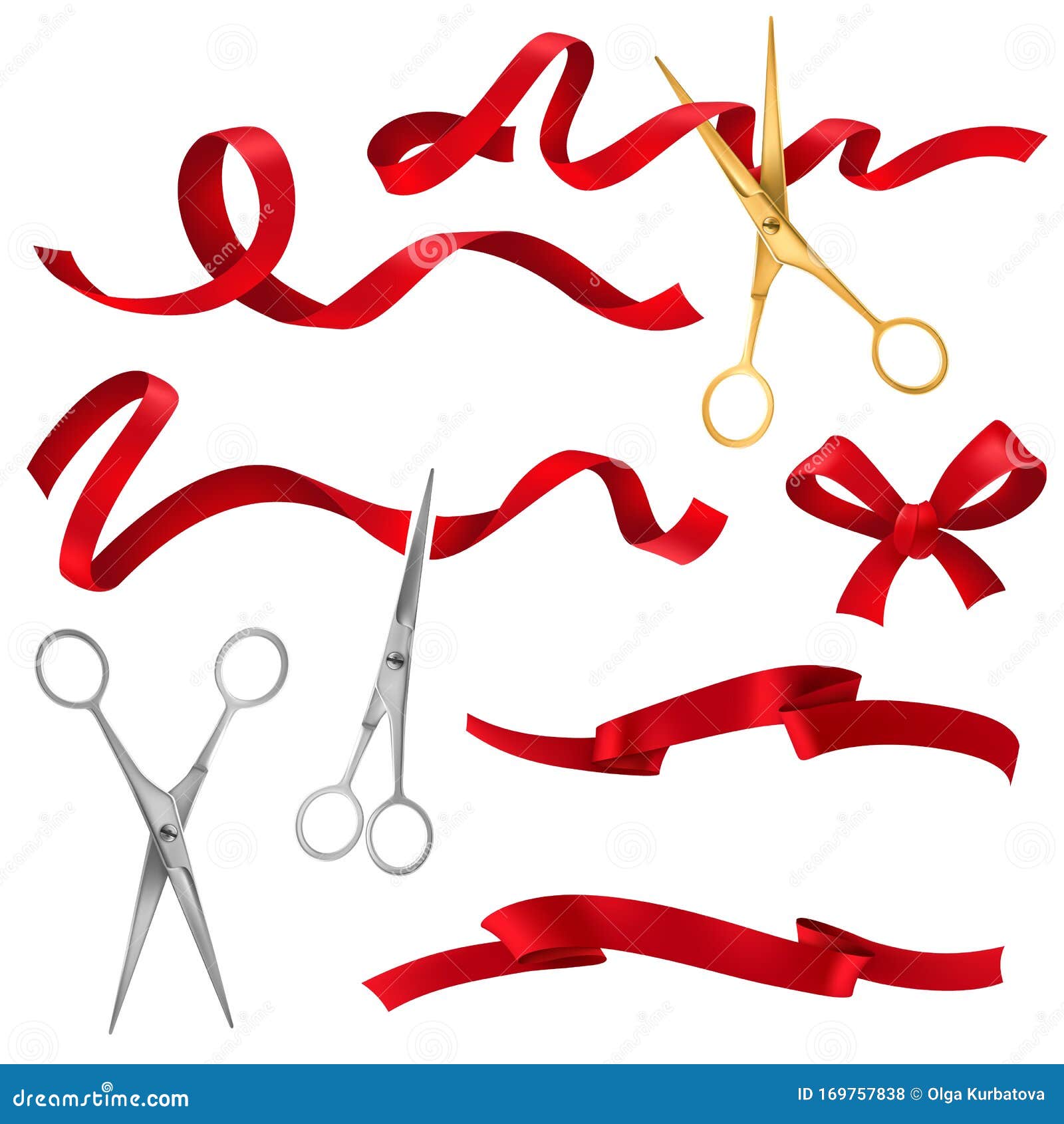 Gold Scissors Cut Red Ribbon. Grand Opening, Vectors