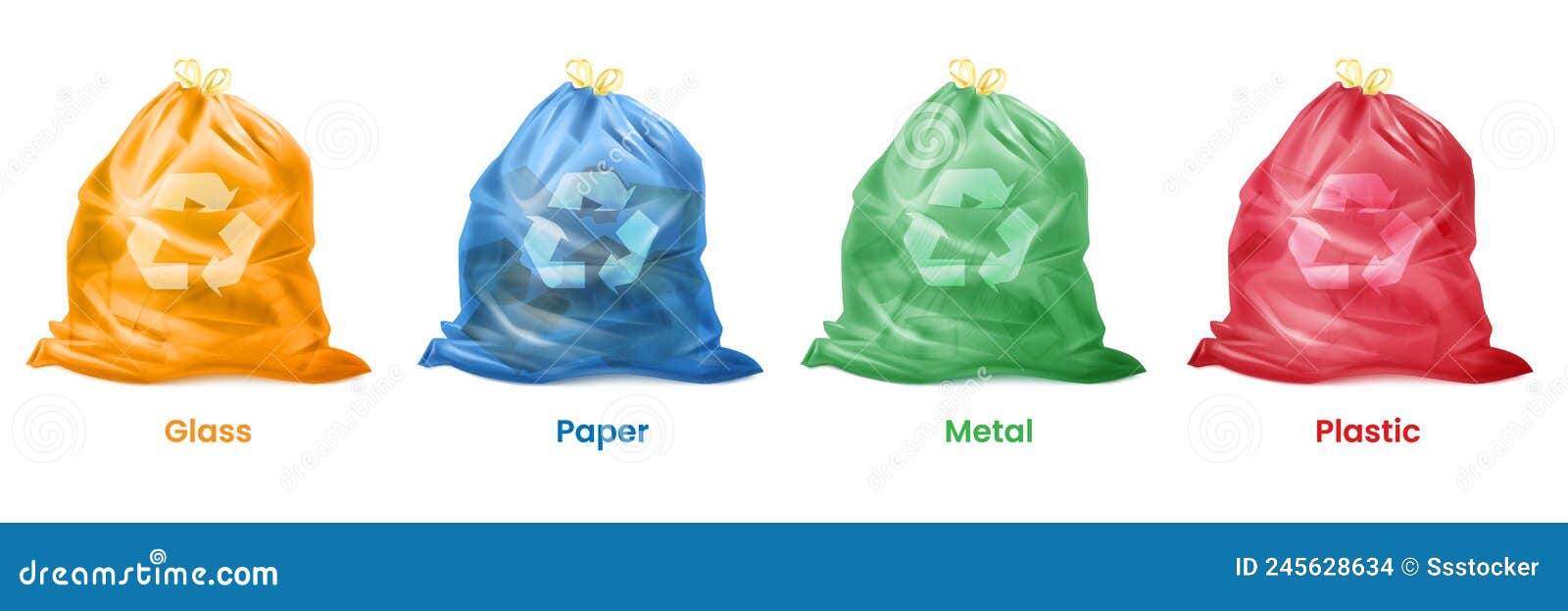 realistic separate trash. 3d plastic sacks waste bag for util kitchen garbage, utility separators eco collect recycle