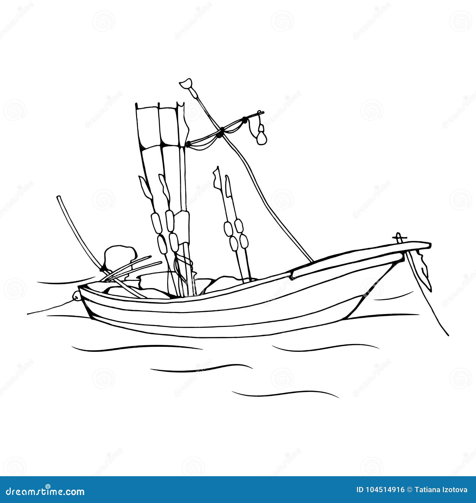 Realistic Sketch of a Small Fishing Boat on a White Background