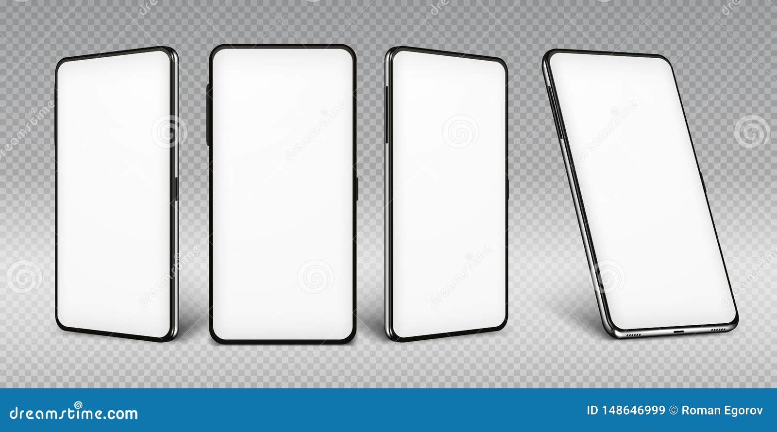 realistic smartphone mockup. cellphone frame with blank display  templates, phone different views.  mobile