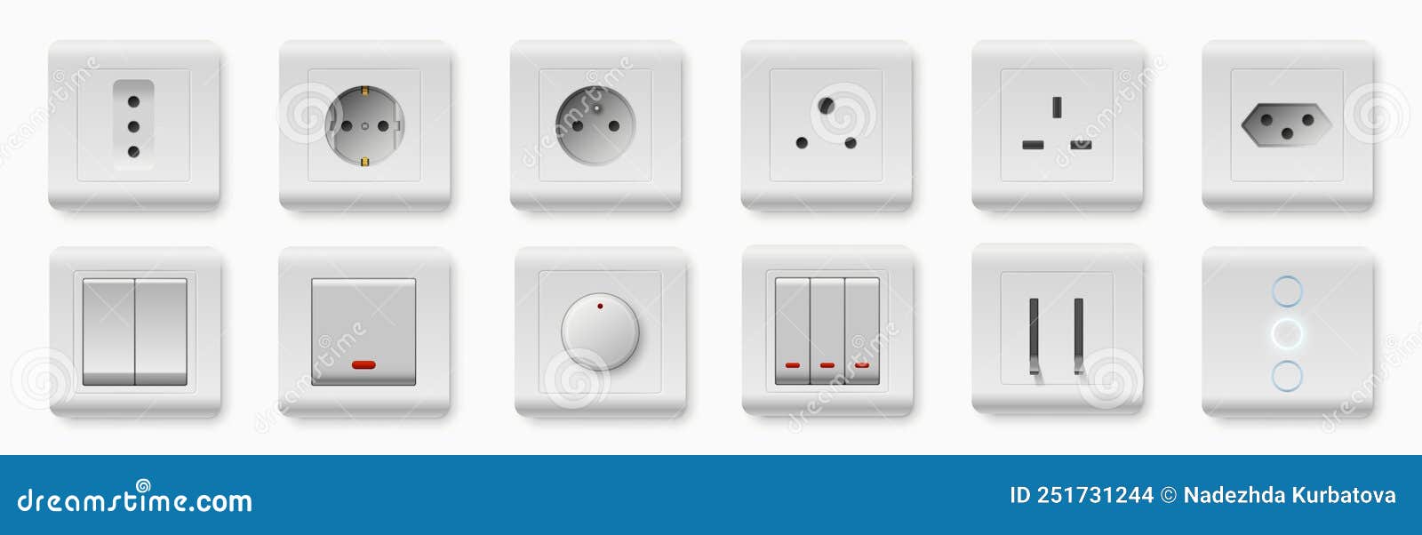 Realistic Socket and Switch. Interior Wall Outlets or Electric