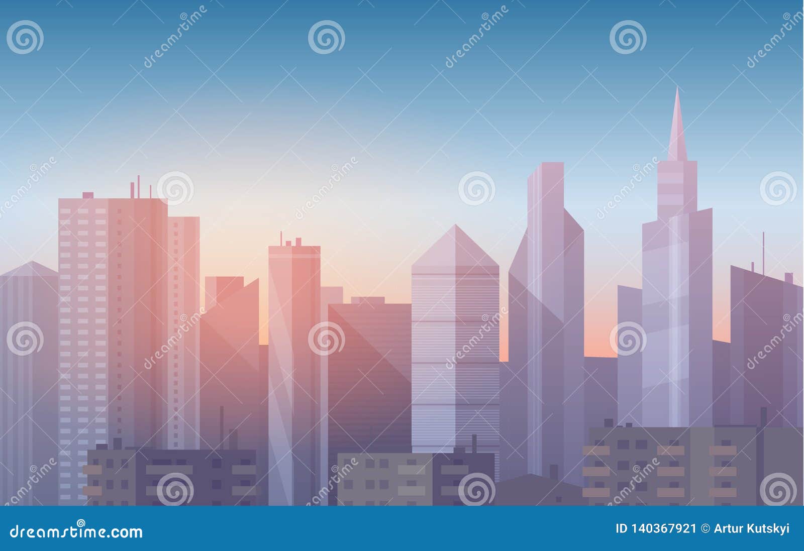 Realistic, Soft Cartoon Cityscape Vector Background. Beautiful Skyline City  with Skyscrapers in Sunset or Sunrise Vector Stock Vector - Illustration of  corporate, exterior: 140367921