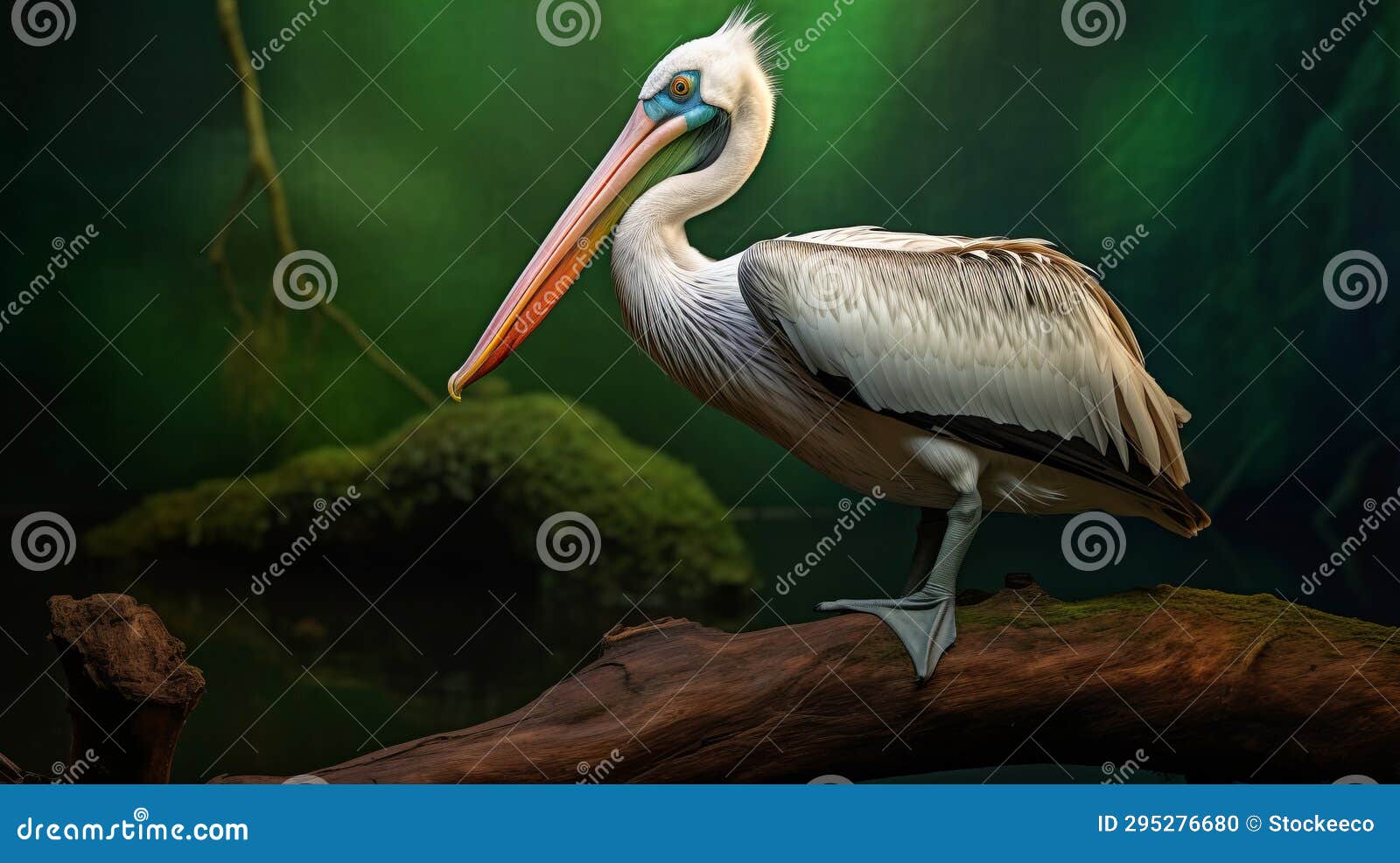 realistic still life: pelican on wood branch with green background