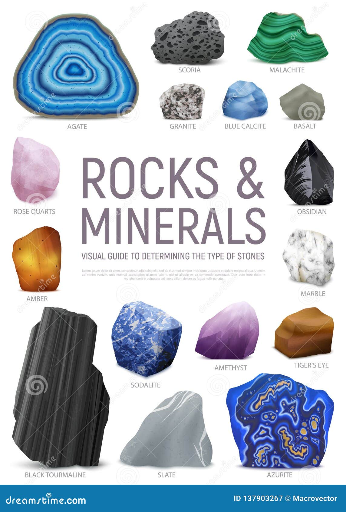 realistic stone mineral visual guide icon set