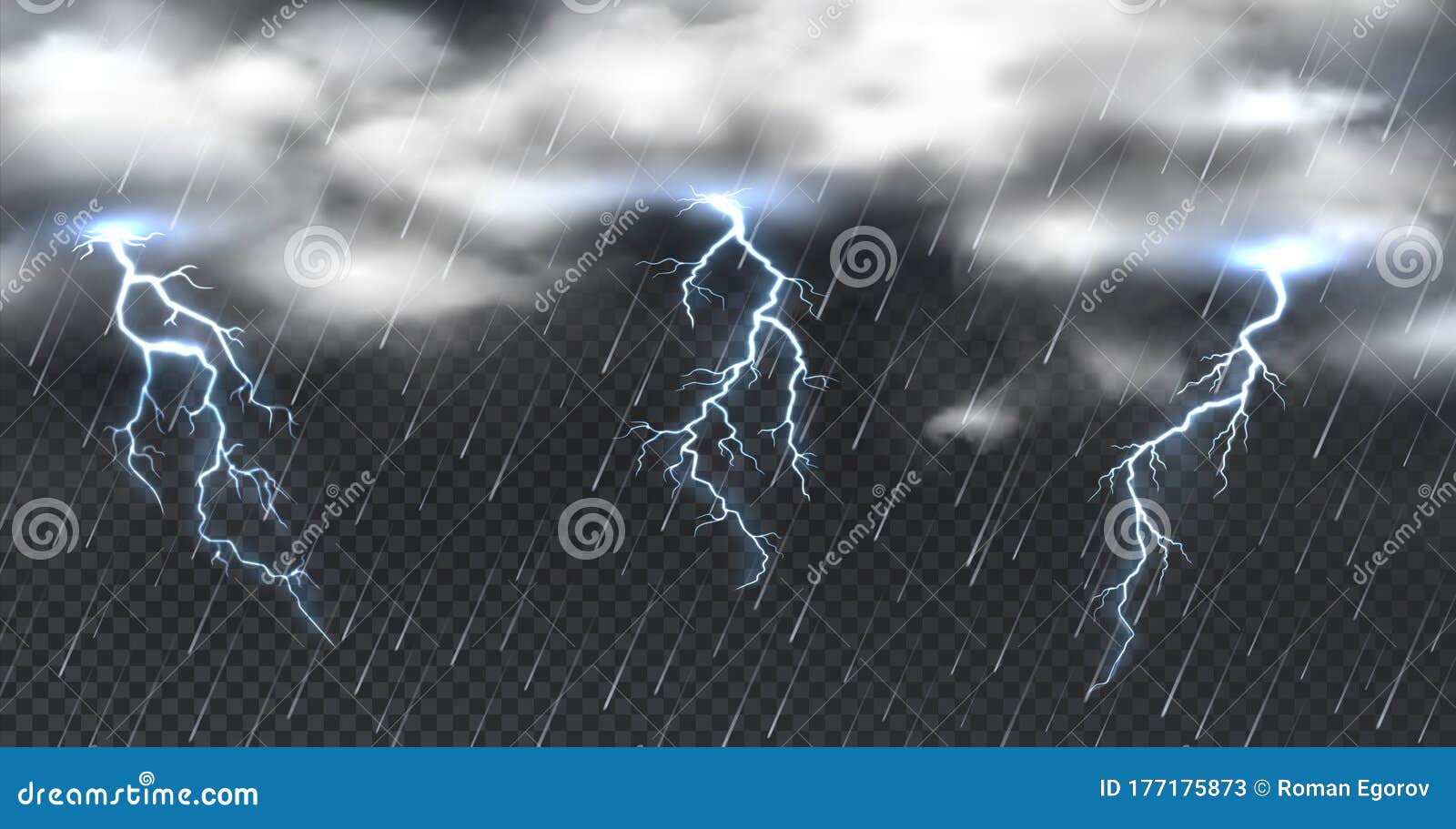 realistic storm. heavy clouds thunder and shower rain on transparent background.  atmosphere phenomenon with