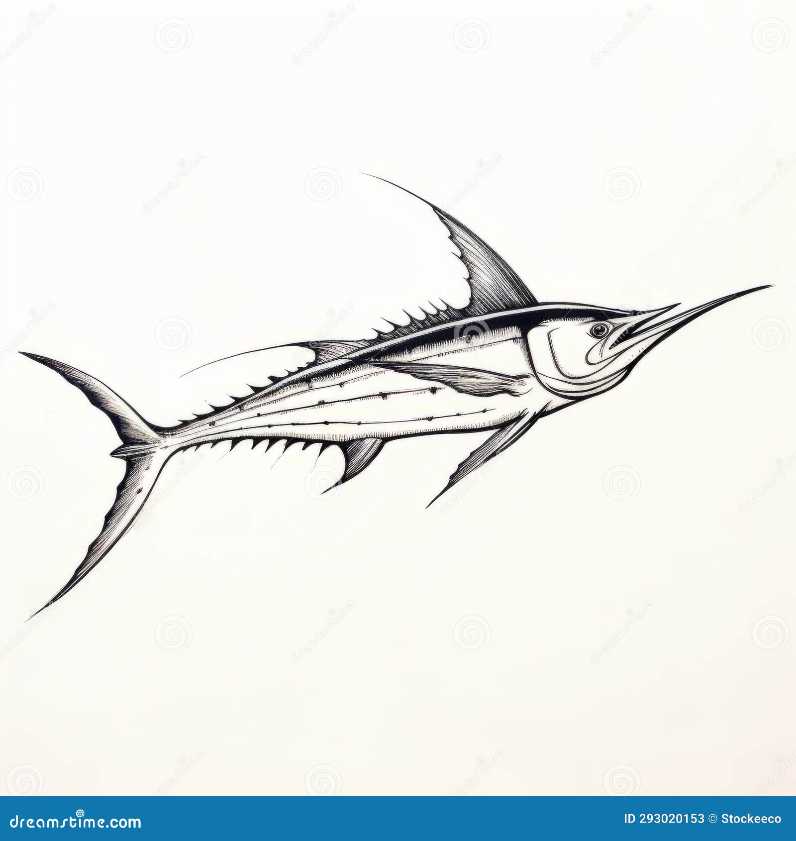 Hand Drawn Marlin Fish Art in the Style of Justin Gaffrey Stock