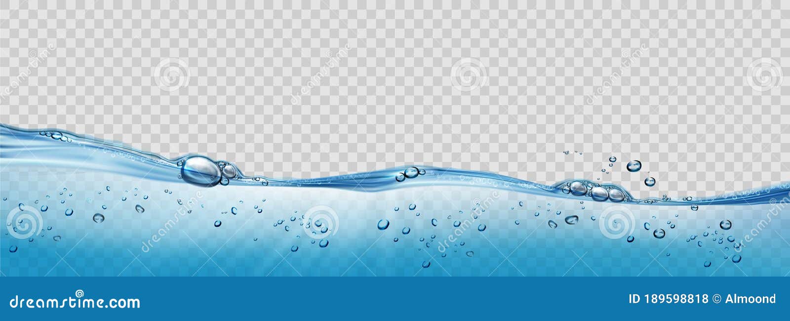 realistic transparent water waves with air bubbles and sunbeams on transparent background.
