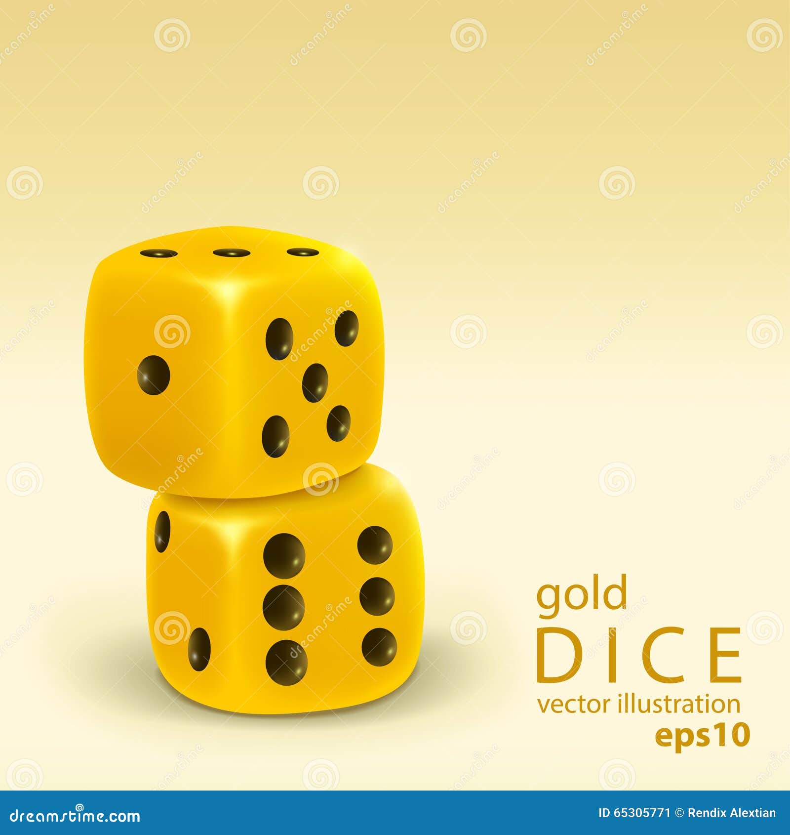 Realistic Two Gold Dice Stacked on Light Yellow Background Stock Vector