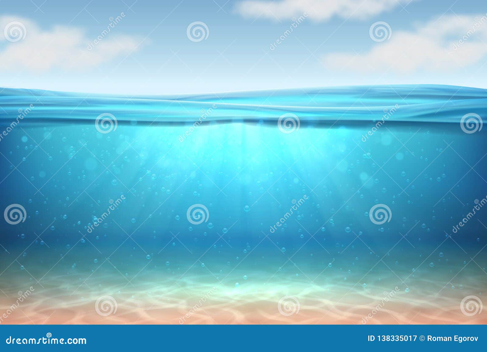 Realistic Underwater Background. Ocean Deep Water, Sea Under Water Level,  Sun Rays Blue Wave Horizon. Surface 3D Vector Stock Vector - Illustration  of cloud, lake: 138335017