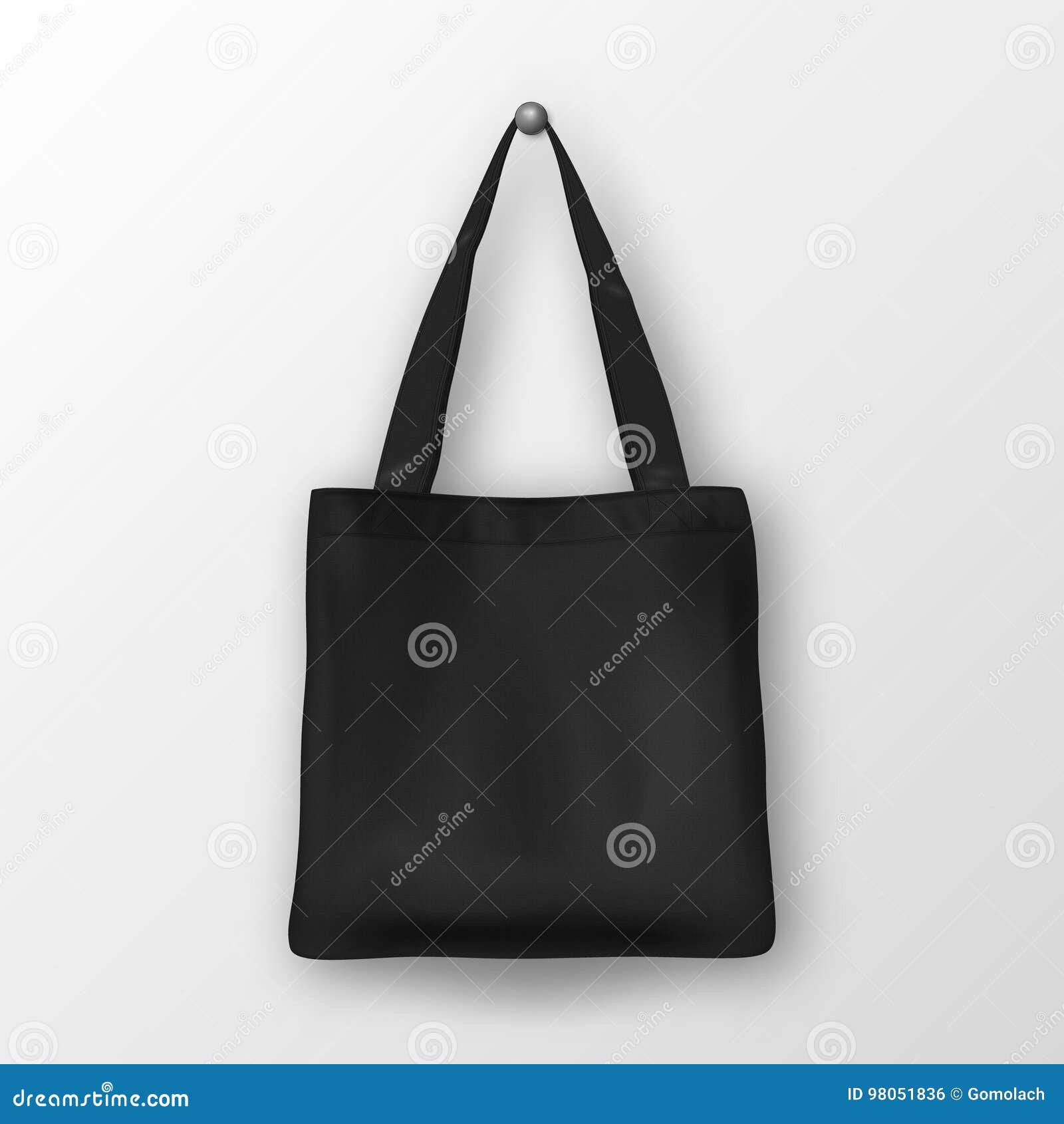 Realistic Vector Black Empty Textile Tote Bag. Closeup on White ...