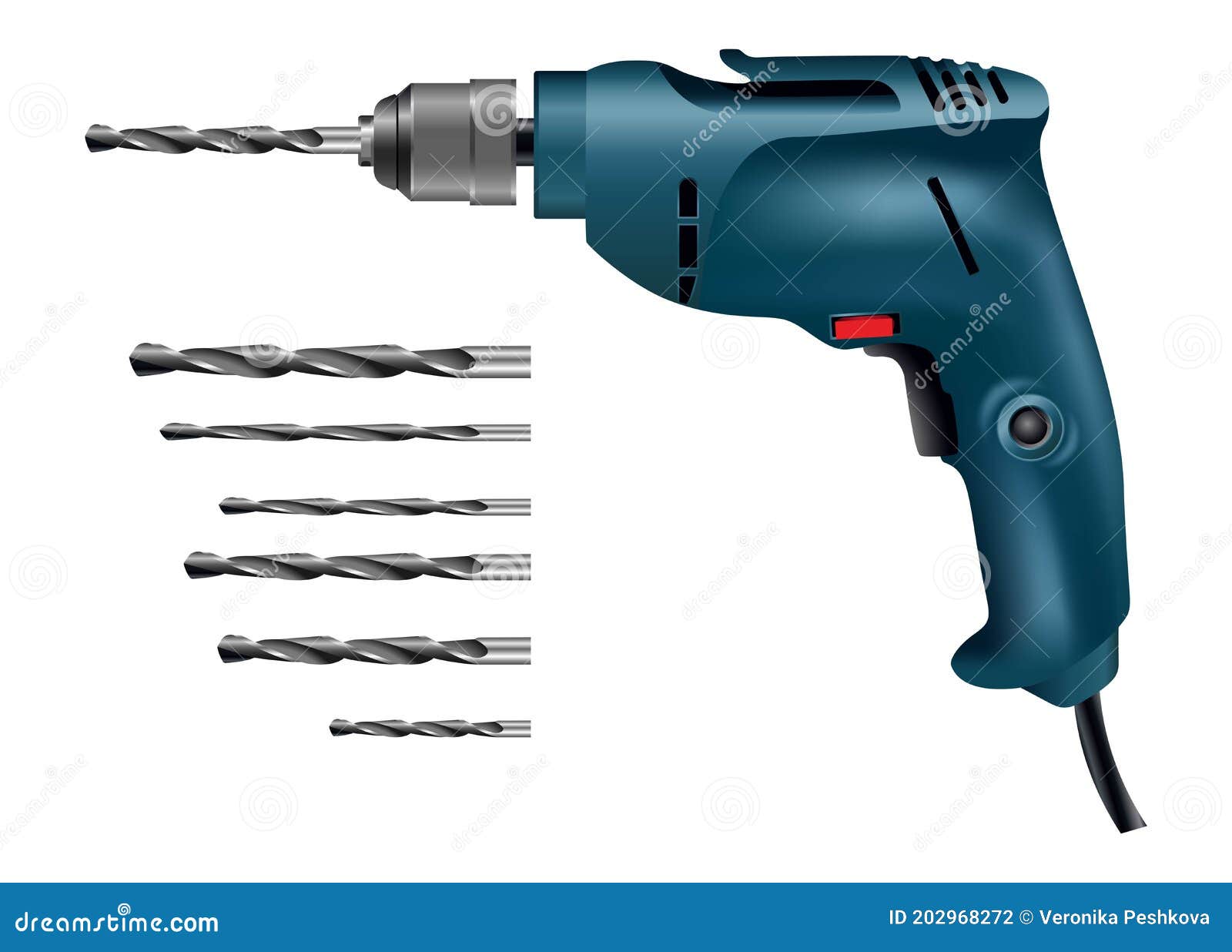 Realistic Vector Drill Machine with Collection of Different Size Drill