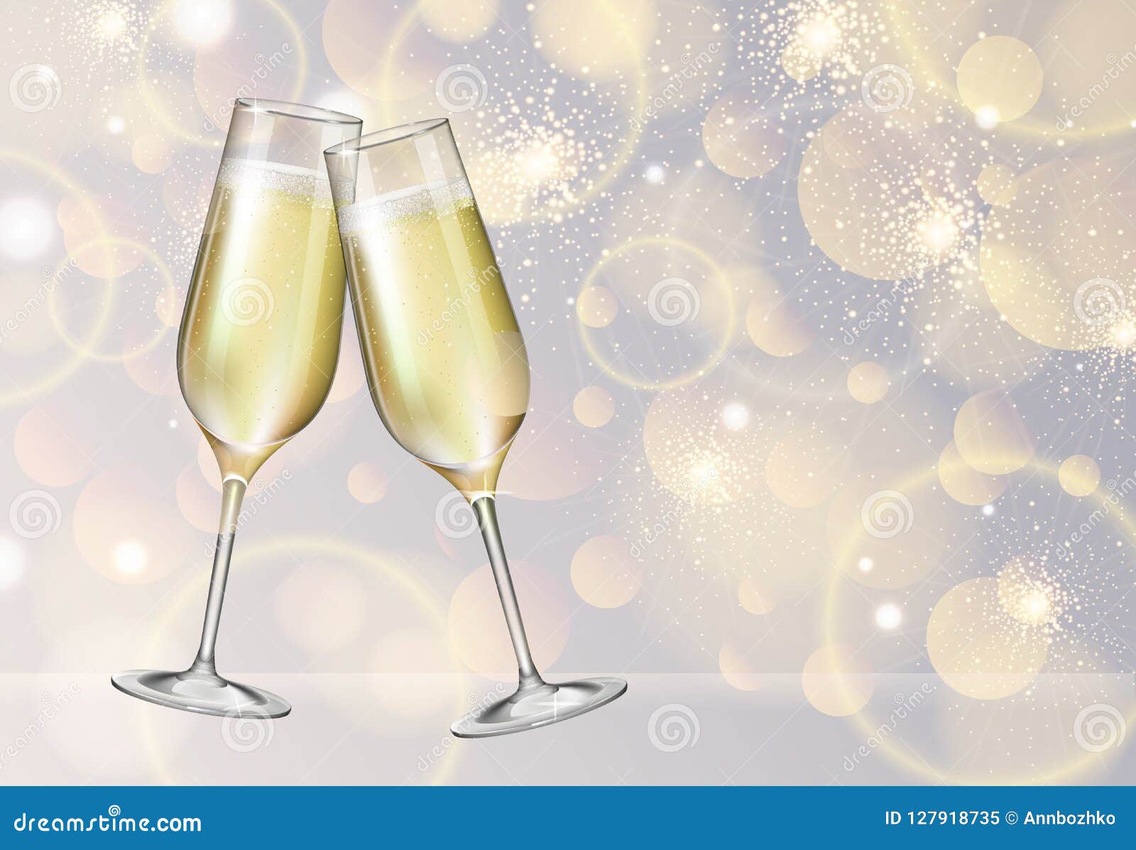 Realistic Vector Illustration of Champagne Glasses on Blurred Holiday Silver Sparkle Background
