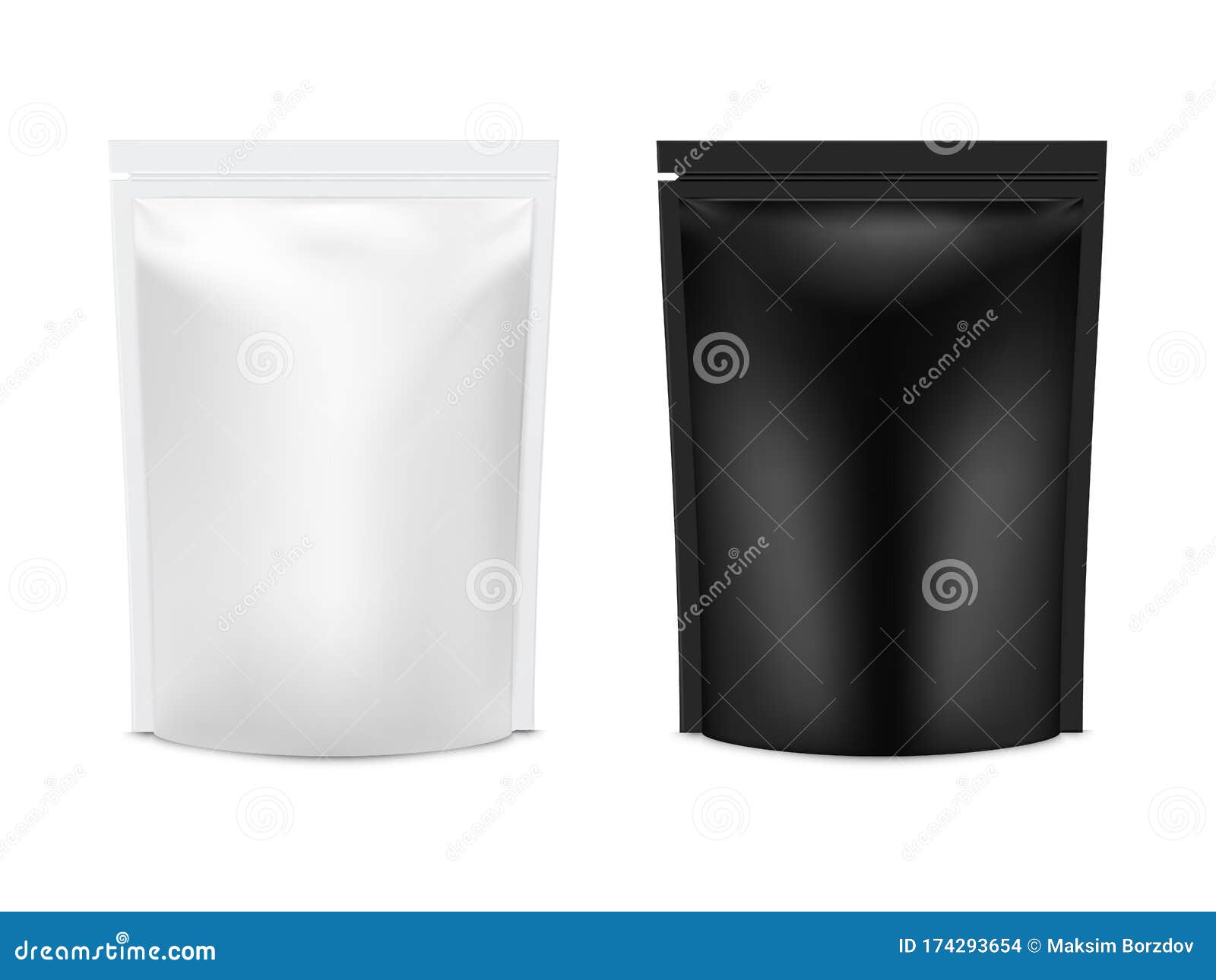 realistic  mock up plastic black and white food stand up flexible pouch sachet set.