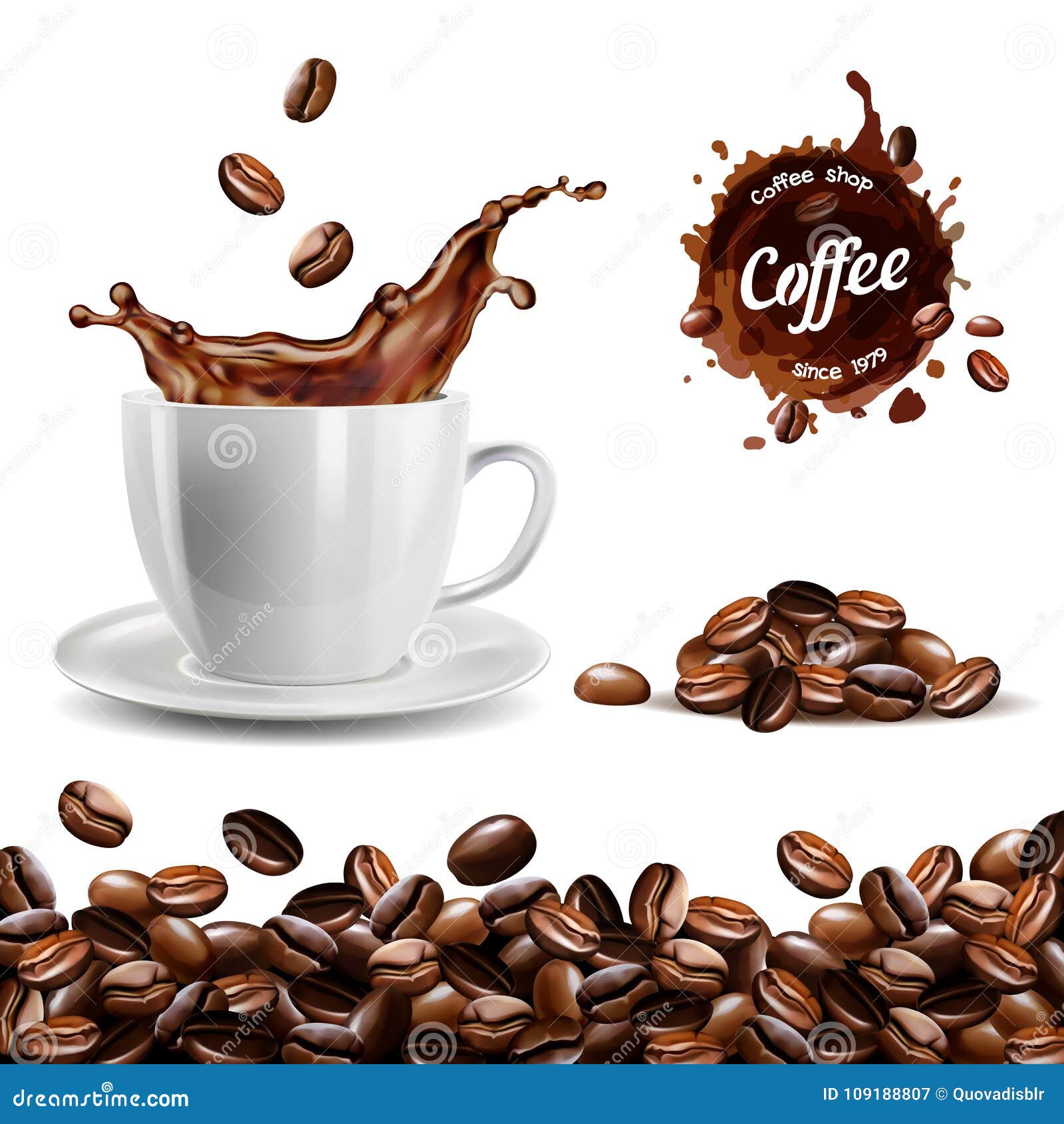 realistic  set of s: coffee beans background, coffee cup, a coffee splash, pile and stain, logo