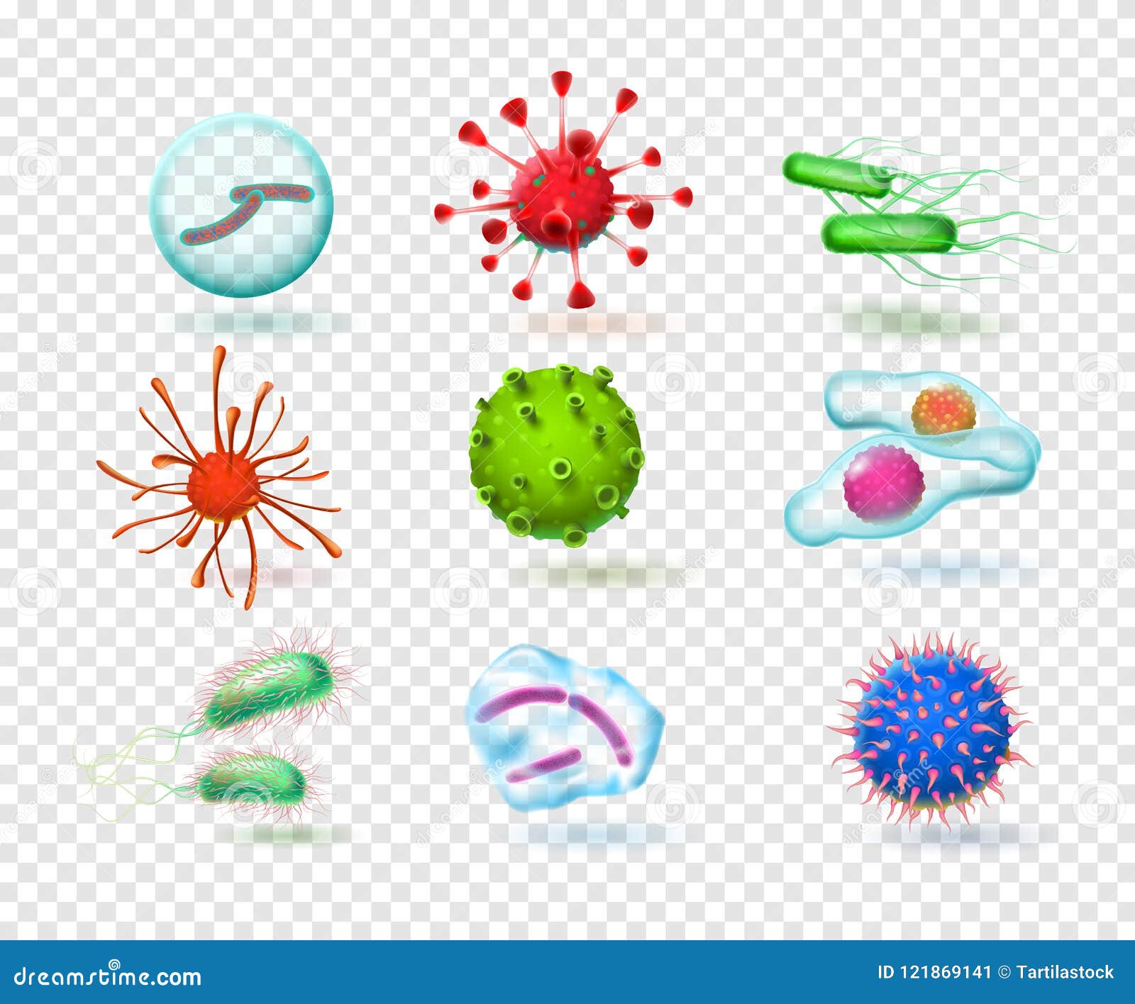 realistic viruses. bacteria germs microorganism. 3d microscopic infection cells.   set