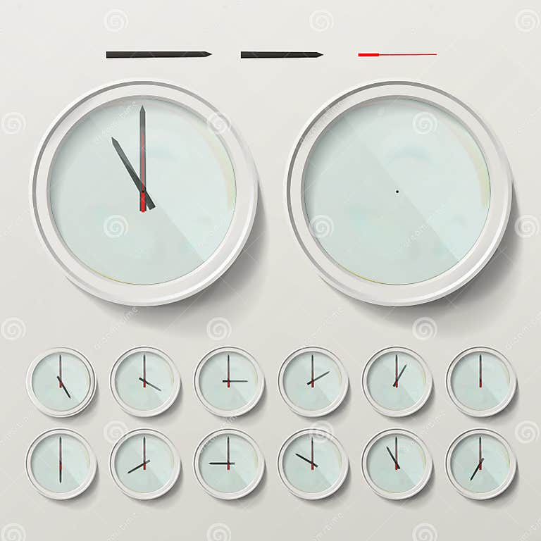 Realistic Wall Clocks Set Vector Illustration. Wall Analog Clock