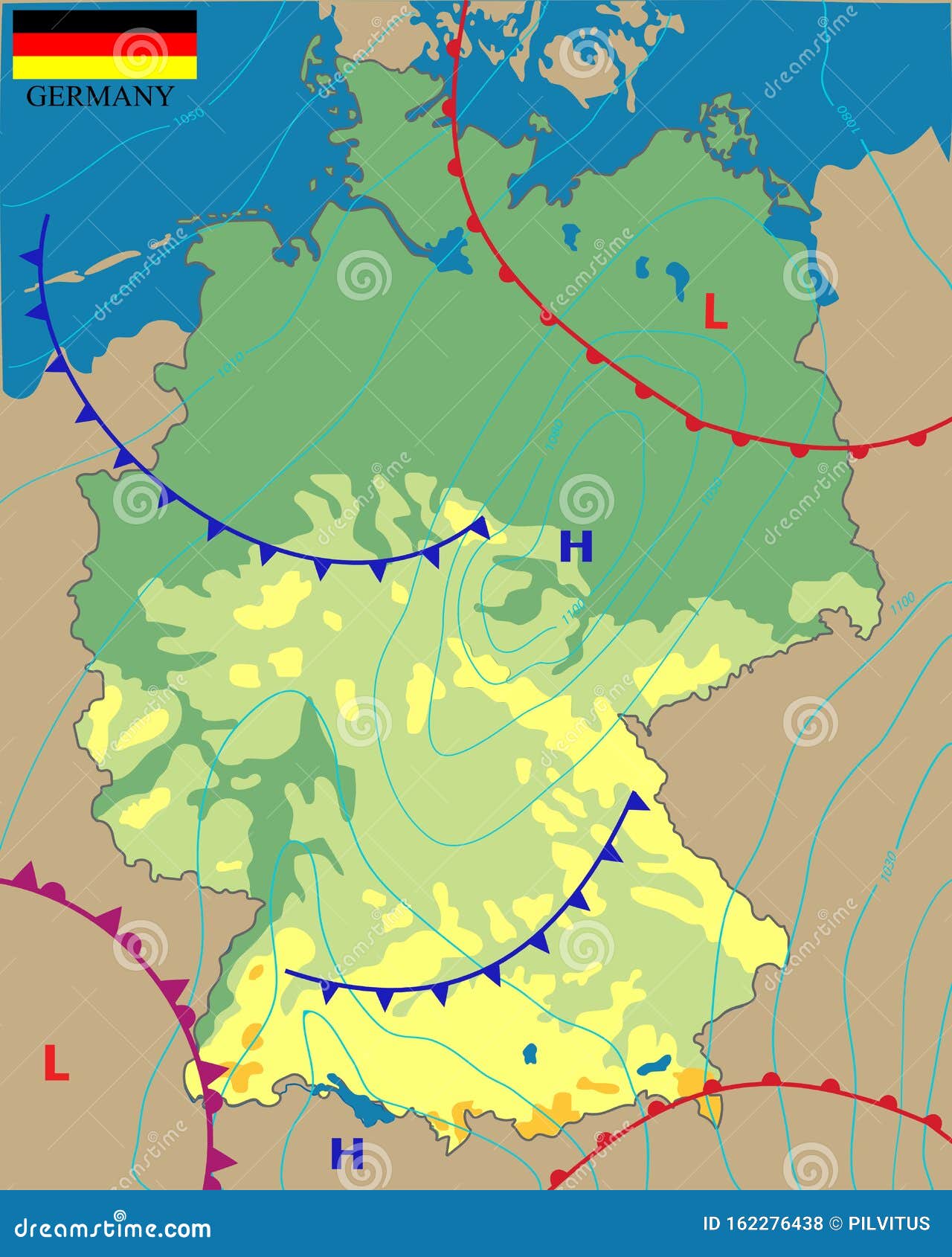 Realistic Weather Map of the Germany Showing Isobars and Weather Fronts