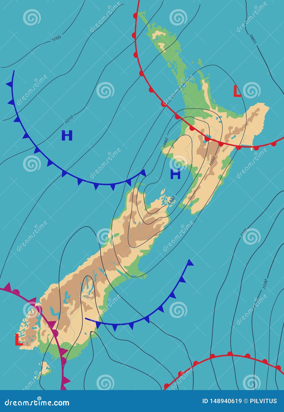 Realistic Weather Map of the New Zealand Showing Isobars and Weather