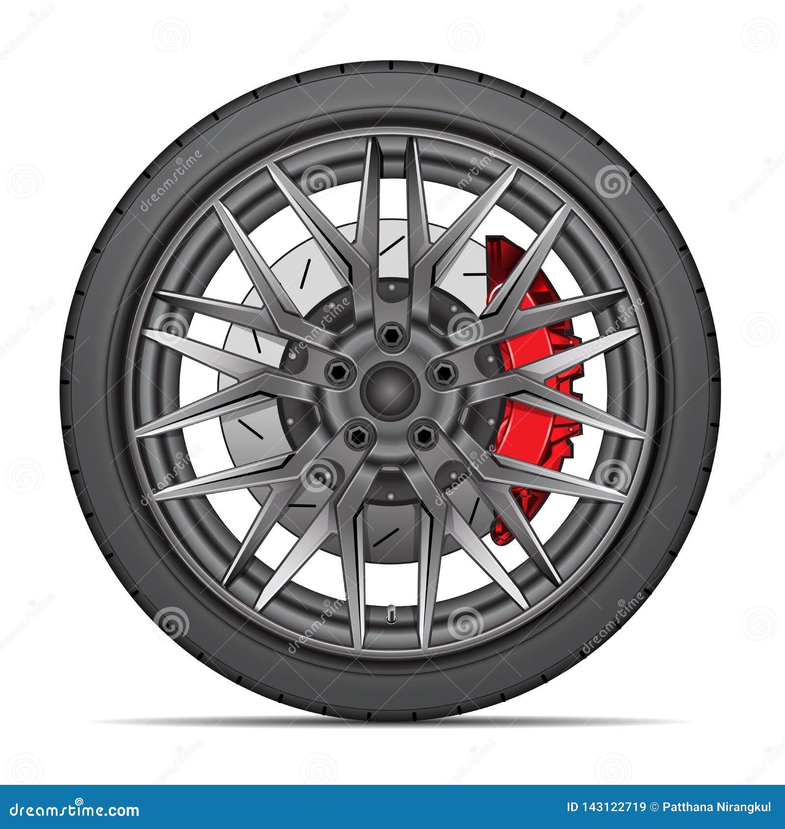 realistic wheel alloy with tire radial and break disk for sport racing car on white background 